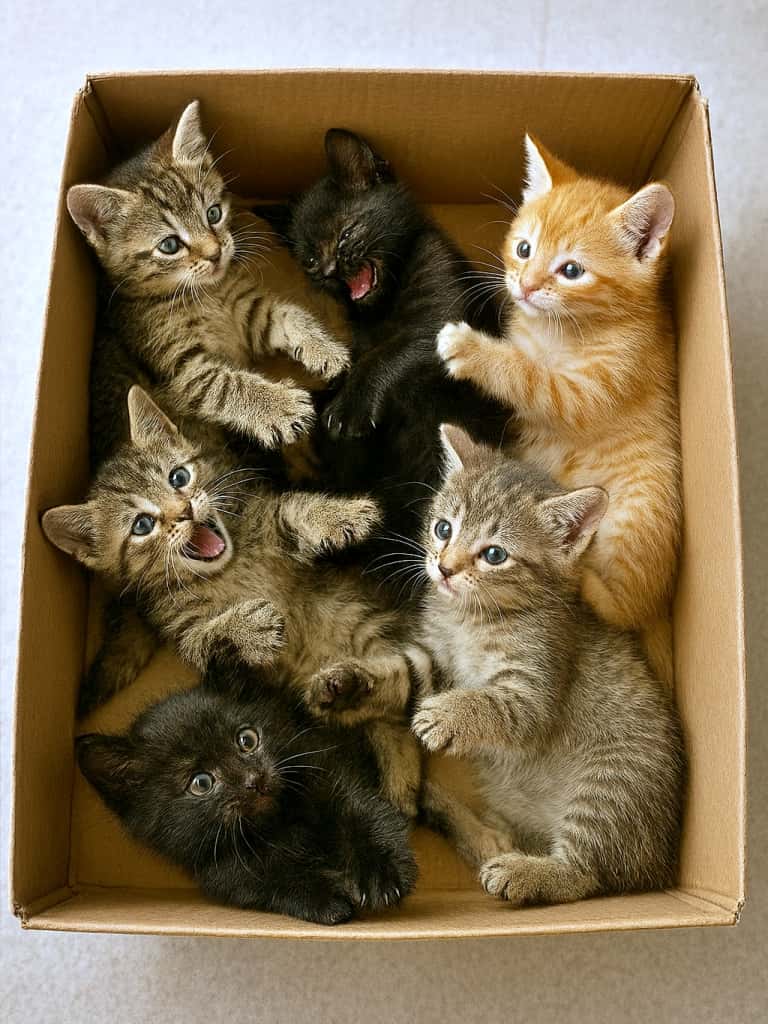 Overhead view of six playful kittens in a worn cardboard box, including a clearly visible black kitten with expressive eyes, surrounded by tabby and orange kittens in various pouncing poses. 上から見た段ボール箱の中でじゃれ合う6匹の子猫。黒猫の顔がはっきり見え、表情豊か。茶トラやキジトラの子猫たちが跳ねたり転がったりしている、愛らしく雑然とした光景