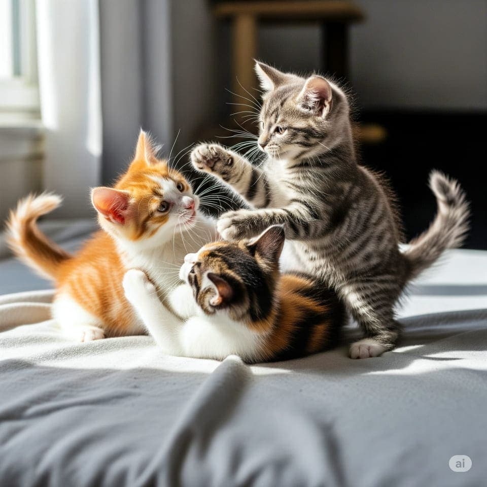 Three playful kittens interact on a sunlit bed, one standing upright while the others reach up. 日差しの差し込むベッドの上で遊ぶ3匹の子猫。1匹が立ち上がり、他の2匹が前足を伸ばしている