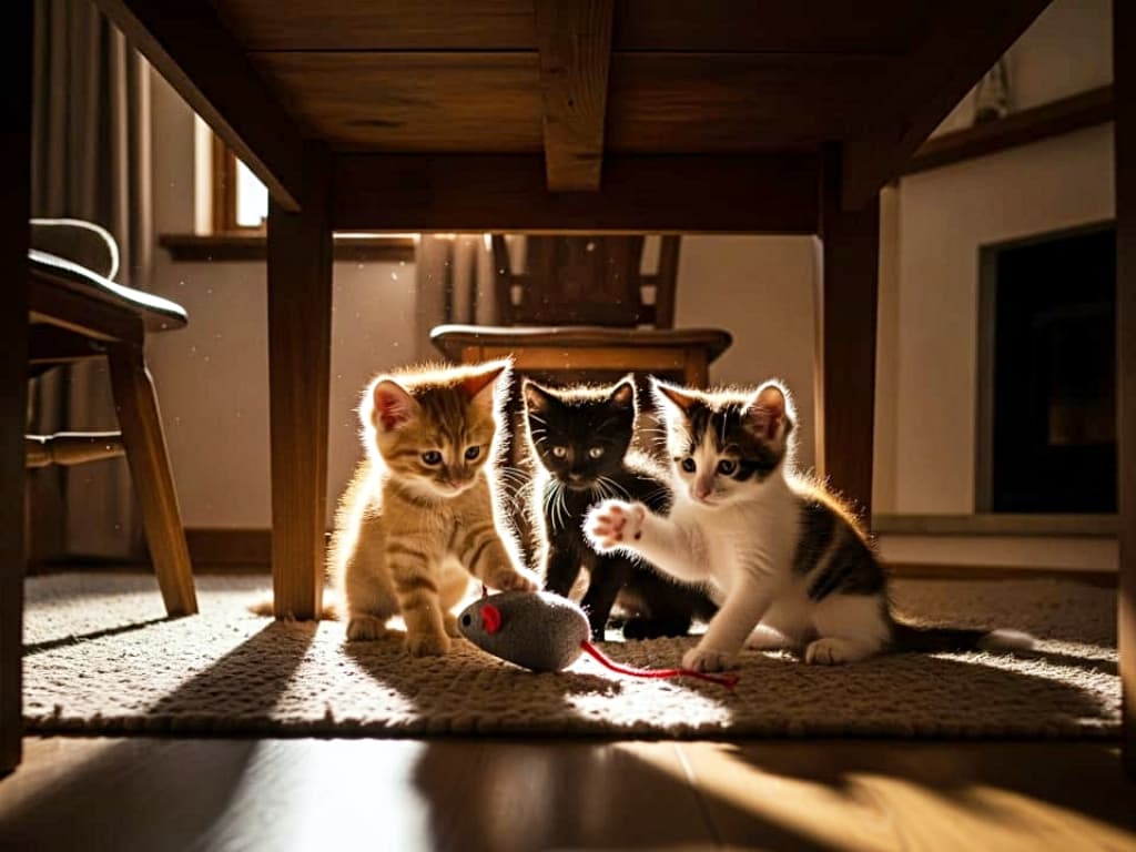 Three kittens—orange tabby, black, and white with black and brown patches—play with a gray toy mouse under a wooden table. Sunlight streams in, casting a warm glow on the playful scene. 木製テーブルの下で、茶トラ・黒・白黒茶の3匹の子猫が灰色のネズミのおもちゃで遊んでいる。窓から差し込む日差しが、遊び心あふれる光景を温かく照らしている