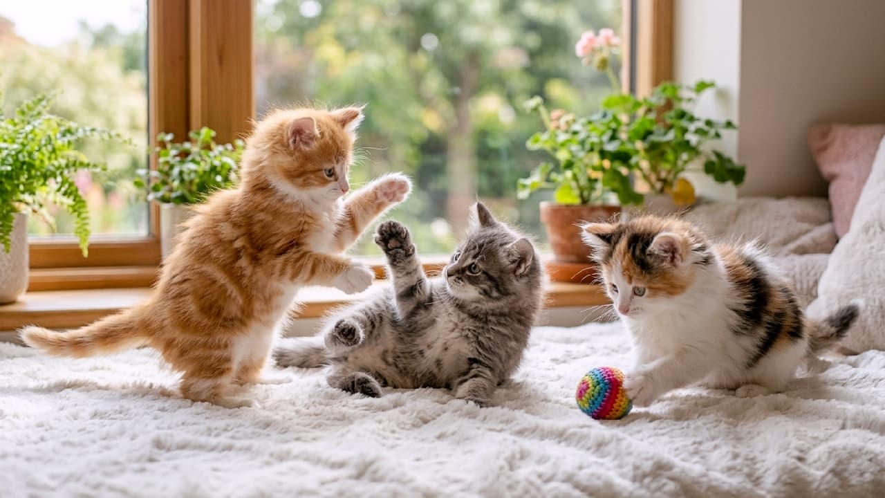 「ぽかぽかの窓辺で大運動会にゃ🐾💨 茶トラ・サバトラ・三毛、みんなはどの子と一緒に遊びたい？💕 #子猫 #猫のいる暮らし #多頭飼い」Ultra-realistic high-quality photograph of three fluffy kittens playing on a soft white blanket by a sunny window. An orange tabby stands on its hind legs swatting at a silver tabby lying on its back, while a calico kitten plays with a colorful yarn ball, set against a background of lush potted plants.　柔らかな自然光が注ぐ窓辺の白いブランケットの上で、じゃれ合う3匹のふんわりとした長毛種の子猫。左側で後ろ足で立ち上がり猫パンチをする茶トラ、中央で仰向けになり応戦するサバトラ、右側で虹色の毛糸玉で遊ぶ三毛猫のいきいきとしたポーズや、背景の観葉植物まで極めてリアルに描写された高画質写真