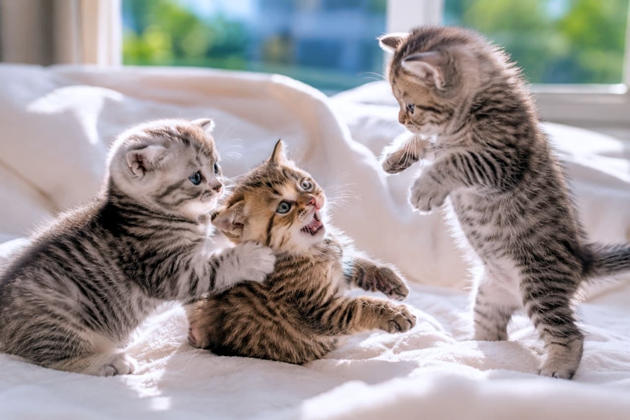 「陽だまりのベッドは最高の遊び場🐾立ち上がって猫パンチを繰り出す姿に思わず笑顔になっちゃうね☀️」Ultra-realistic high-quality photograph of three fluffy tabby kittens play-fighting on a soft white blanket by a sunny window. One kitten on the right stands on its hind legs reaching out, beautifully illuminated by warm natural light that highlights their soft fur and bright eyes. 柔らかな自然光が差し込む窓辺の白いブランケットの上で、じゃれ合って遊ぶ3匹のアメリカンショートヘア風キジトラ子猫。右の子猫が後ろ脚で立ち上がり、左と中央の子猫に向かって前足を伸ばす躍動的なポーズをとっています。フワフワの被毛とくりくりの丸い瞳が、暖かな逆光に包まれて輝いています