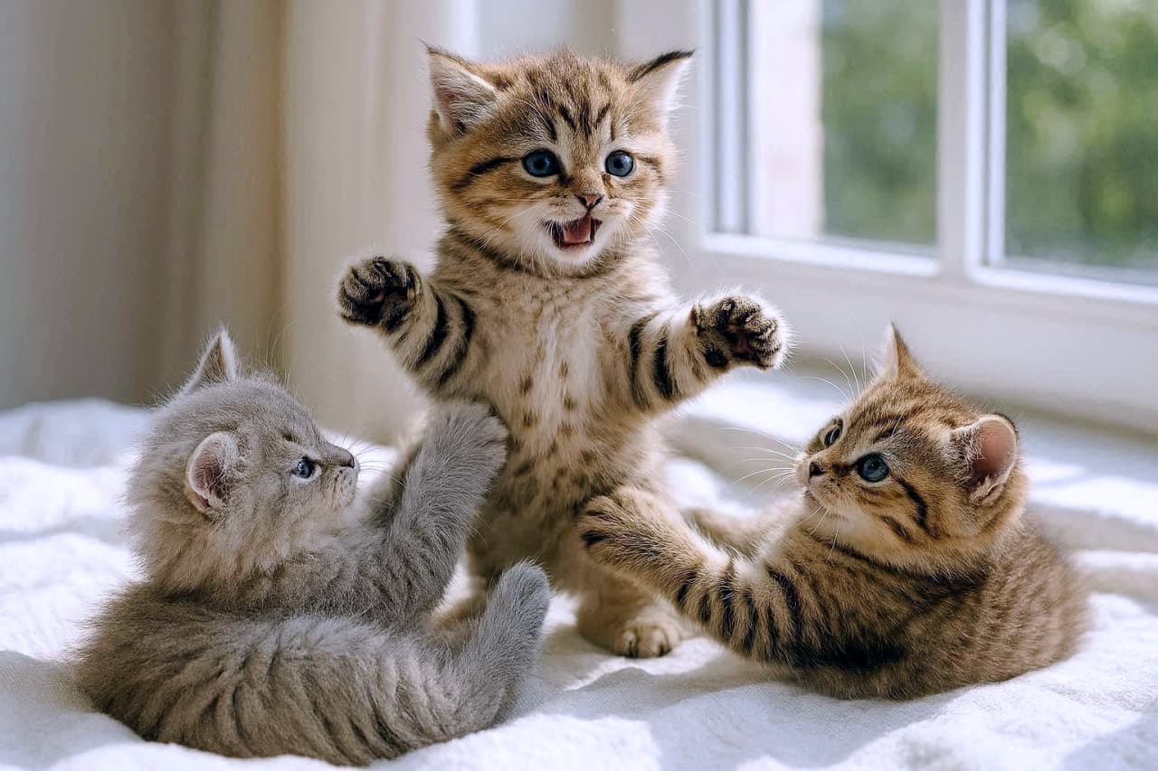 「窓辺で3匹の子猫が元気に取っ組み合い!🐾 真ん中の子がビックリ顔でスクッと立ち上がって、にぎやかな遊びの時間がスタート✨」A photorealistic, high-resolution photograph of three fluffy tabby and grey kittens play-fighting on a soft white blanket near a window. The central silver tabby kitten stands on its hind legs with its mouth open in a playful, surprised expression. The grey kitten on the left and the silver tabby on the right are looking up at the central kitten. 窓際の柔らかい白の毛布の上で遊んでいる、3匹のふわふわなキジトラとグレーの子猫の写実的な高解像度写真。中央のキジトラ(サバトラ)の子猫が後脚で立ち、口を開けて驚いたような愛らしい表情をしている。左側のグレーの子猫と右側のキジトラの子猫が、中央で立ち上がる子猫をじっと見つめている