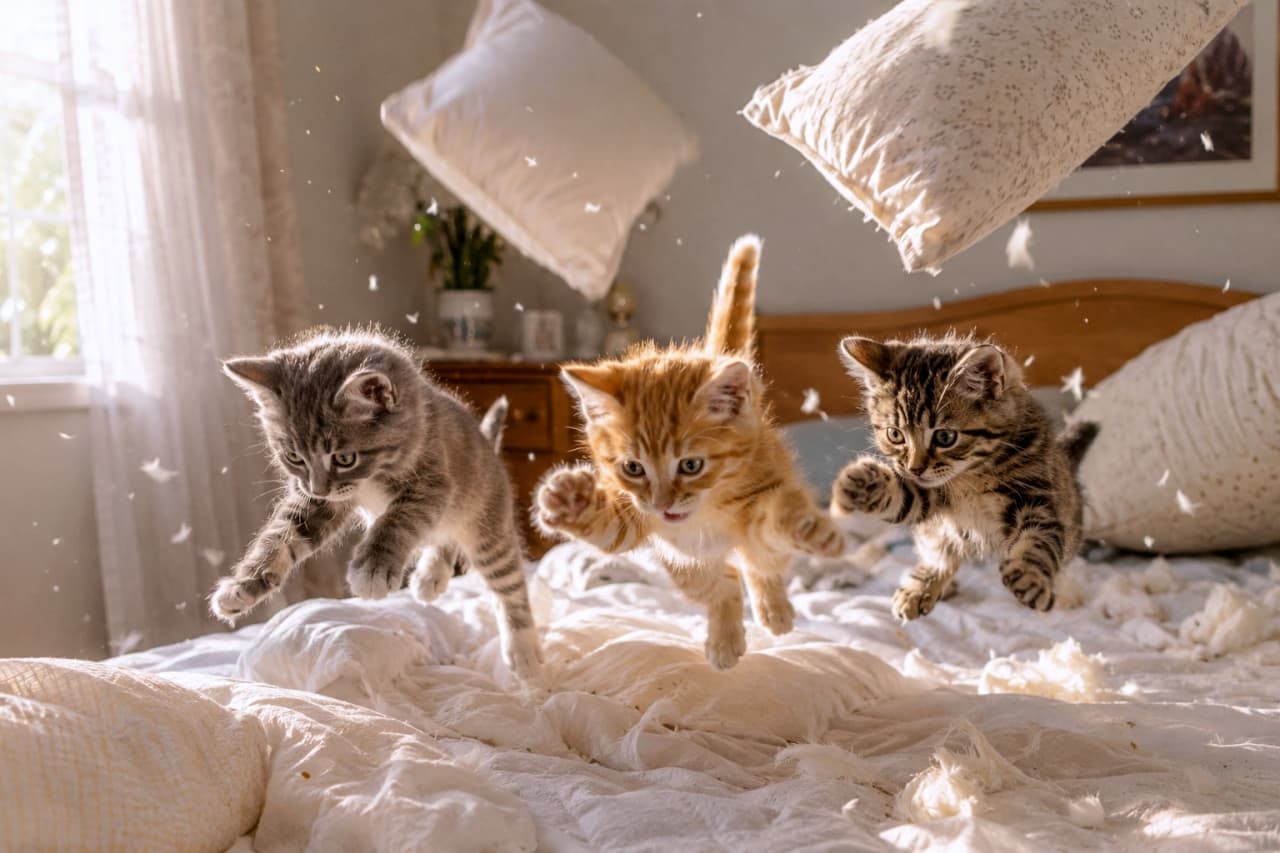 「ベッドの上は大パニック!?😂 羽毛にまみれて元気いっぱいな子猫たちから目が離せません✨ #猫のいたずら #ジャンプ」Ultra-realistic high-quality photograph of three energetic kittens jumping on a bed amid flying feathers in a sunlit room. 日差しが差し込む寝室のベッド上で、舞い散る羽毛の中で元気よくジャンプする3匹の子猫