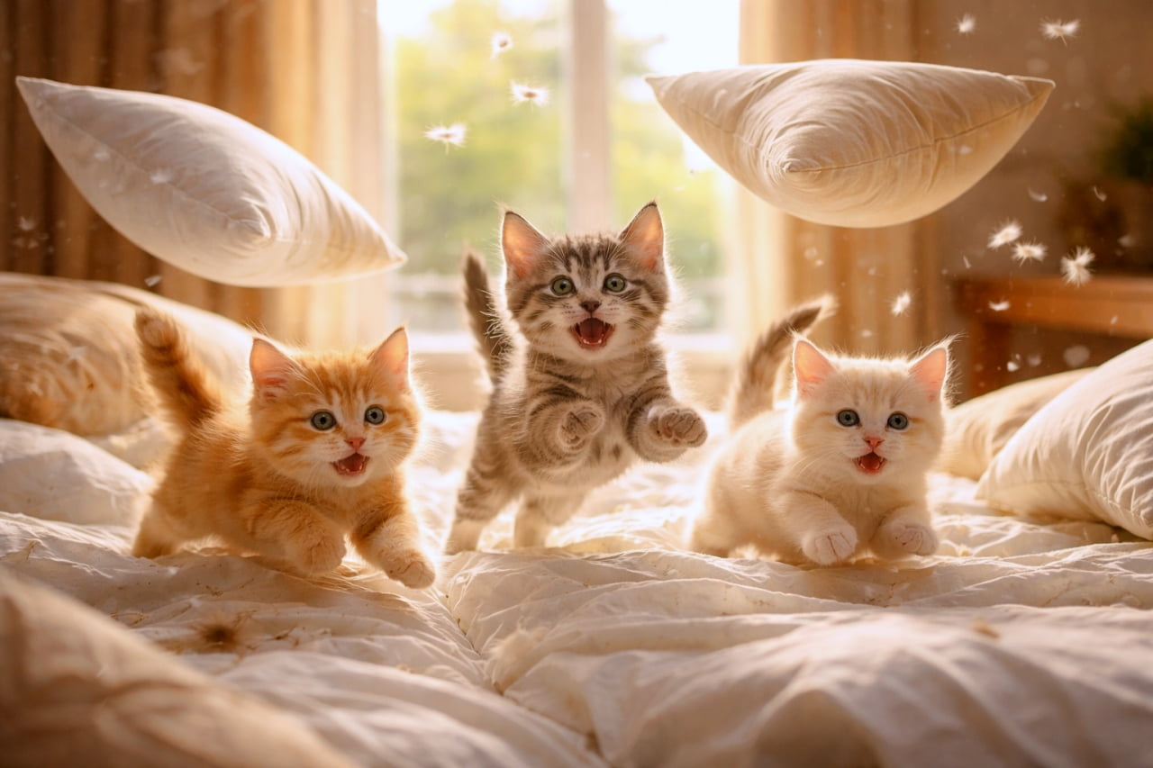 「ベッドの上で大はしゃぎ!🛏️💨羽毛と一緒に宙を舞う子猫たちのハッピーな瞬間をキャッチ😆✨」Ultra-realistic high-quality photograph of three energetic kittens jumping playfully on a bed with floating pillows and feathers in warm morning sunlight. 柔らかな朝の光が差し込むベッドの上で、舞い散る羽毛や宙に浮くクッションと一緒に、元気いっぱいジャンプしてはしゃいでいる3匹の子猫の躍動感あふれる超高画質写真