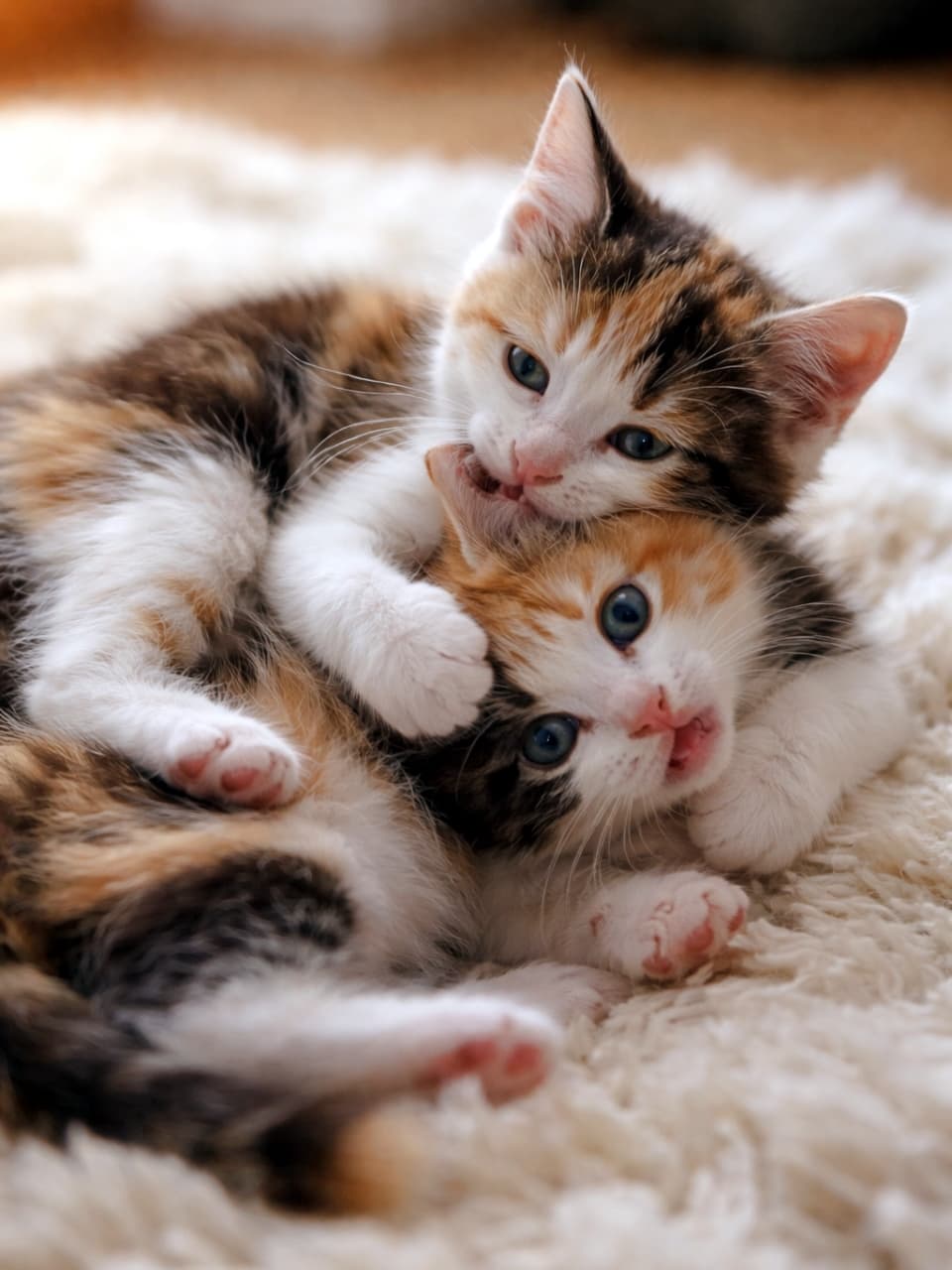 「お耳を優しくカプッ💕プロンプト通りの完璧なじゃれ合いショット!嬉しそうなお顔がたまりません😆✨」Ultra-realistic high-quality photograph of two calico kittens cuddling and wrestling on a fluffy rug under soft lighting, with one gently biting the other's ear exactly as prompted. 柔らかな光の中、ふわふわのラグの上でくっつきながら取っ組み合いをしている2匹の三毛猫の子猫の超高画質写真。1匹がもう1匹の耳をやさしく甘噛みしており、下の子は嬉しそうな表情をしている