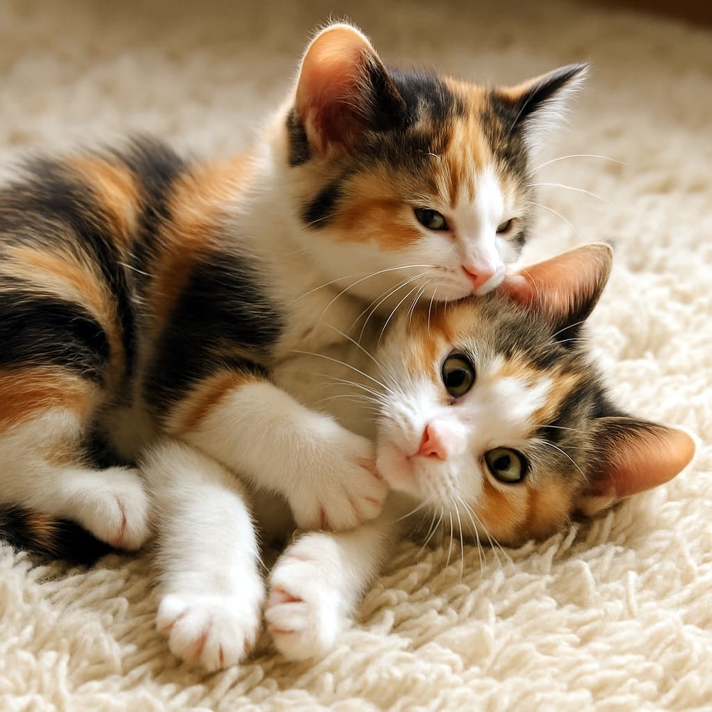 「仲良くくっついてじゃれ合いタイム🐾お耳の近くを優しく甘噛みする姿に、見ている側も癒やされますね🥺✨」Ultra-realistic high-quality photograph of two calico kittens cuddling and wrestling on a fluffy rug in soft lighting, with one gently biting near the other's ear. 柔らかな光に包まれたふわふわのラグの上で、2匹の三毛猫の子猫がくっついて取っ組み合いをしている超高画質写真。1匹がもう1匹の耳のすぐそばをやさしく甘噛みしている