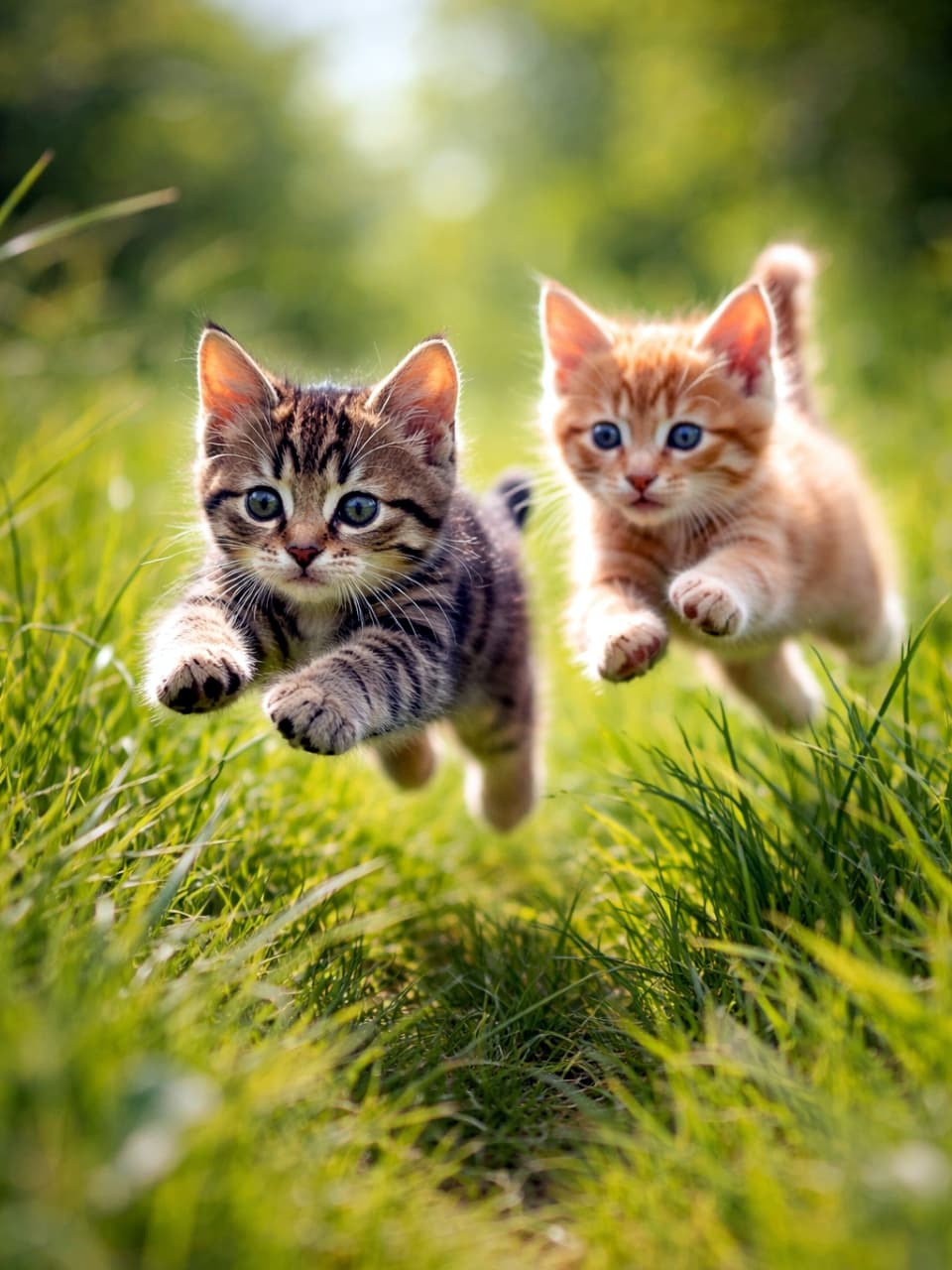 「よーい、ドン!💨原っぱを全力で走ってくる子猫ちゃんたちの躍動感がたまりませんね😆🐾」Ultra-realistic high-quality photograph of two adorable kittens, a tabby and an orange tabby, running and jumping energetically through a sunny green grassy field. 太陽の光が差し込む緑の原っぱで、キジトラと茶トラの2匹の子猫がカメラに向かって元気いっぱいにジャンプして走ってくる躍動感あふれる超高画質写真
