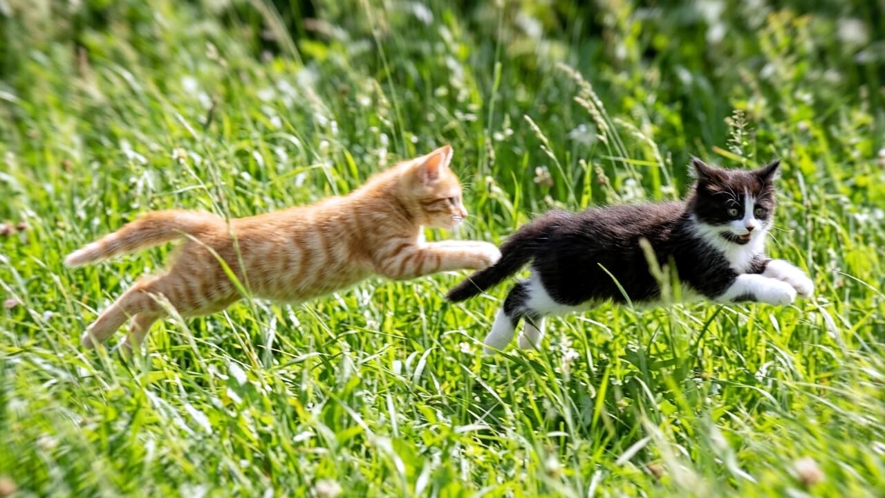 「草原をぴょんぴょん駆けっこ!🐾 元気いっぱいな子猫たちからパワーをもらえちゃう1枚です🌞✨」Ultra-realistic high-quality photograph of two energetic kittens, an orange tabby and a black-and-white tuxedo, running and jumping playfully through lush green grass in bright natural sunlight. 鮮やかな緑の草むらを元気に走り抜ける2匹の子猫。手前には茶トラの子猫、奥には黒白のハチワレの子猫が躍動感たっぷりにジャンプしている様子。自然光が美しく、生命力あふれる高品質な写真