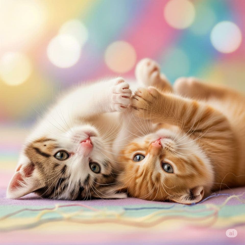 Two kittens—one white with dark tabby markings and one orange tabby—lie on a soft surface, playfully touching paws. A dreamy bokeh background in pastel pink, blue, yellow, and green adds warmth and charm. 白地に濃い縞模様の子猫と茶トラの子猫が柔らかな布の上で前足を合わせてじゃれ合っている。背景にはピンク・青・黄・緑のパステル調の玉ボケが広がり、温かく幻想的な雰囲気を演出している