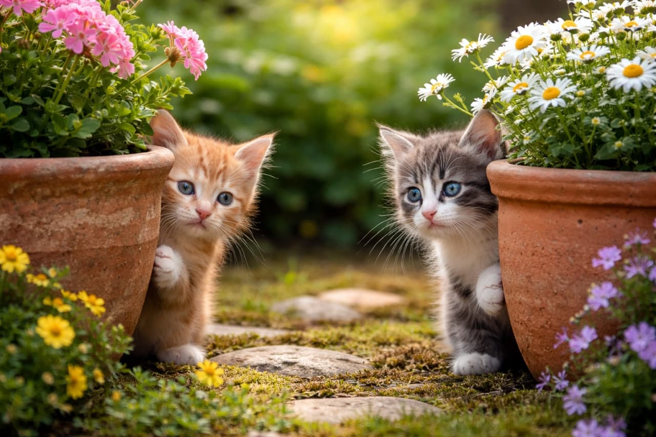 「ぽかぽかお庭でかくれんぼ!🌼 テラコッタの鉢からひょっこりお顔と前足を出して見つめ合う子猫たちにメロメロ🐾✨」A photorealistic, high-resolution photograph of two kittens peeking from behind terracotta flower pots in a sunlit garden. An orange tabby kitten peeks from behind the left pot with pink flowers, resting one white paw on the pot. A grey tabby and white kitten peeks from behind the right pot with white daisy-like flowers, also resting a paw on the side. Both show playful and curious expressions. A path with stepping stones is visible between them. 暖かな陽射しが差し込む緑豊かな庭で、左右のテラコッタ鉢の陰からひょっこり顔を出す2匹の子猫の写実的な高解像度写真。左側のピンクの花が咲く鉢からは茶トラの子猫が、右側の白いマーガレットのような花が咲く鉢からはサバ白の子猫が、それぞれ片前足を鉢の縁に添えて様子をうかがっている。二匹の間には飛び石の小道が続いている。遊び心と好奇心に満ちた愛らしい表情
