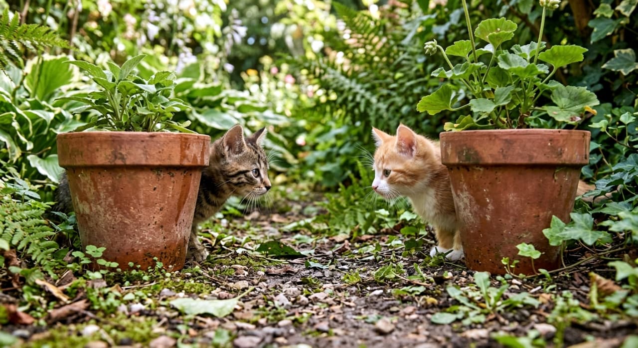 「土の小道でかくれんぼ!🌱 テラコッタ鉢の横から覗き込む、キジトラ君とオレンジちゃんがバッチリ目と目を合わせて運命の出会い?✨」A photorealistic wide photograph of two kittens peeking out from behind two separate terracotta flower pots on a dirt path with fallen leaves. The tabby kitten on the left and the ginger-and-white kitten on the right are making direct eye contact, facing each other. Lush garden setting in the background. 写実的な横長写真。土の道に置かれた2つのテラコッタ鉢の陰から、2匹の子猫が顔と前足を少し出して覗き込んでいる。左側のキジトラの子猫と、右側のオレンジと白の子猫が真正面から見つめ合っている。背景は緑豊かな庭