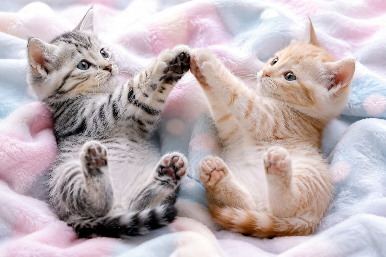 「ふわふわブランケットの上で肉球タッチ🐾💕癒し度120%の可愛さです! #子猫 #肉球 #癒し画像」Ultra-realistic high-quality photograph of two cute kittens playfully touching paws while lying on a soft pastel-colored fluffy blanket. ピンクと水色のふかふかしたブランケットの上で、仰向けになりながら前足を合わせてじゃれ合う2匹の子猫の高画質な写真
