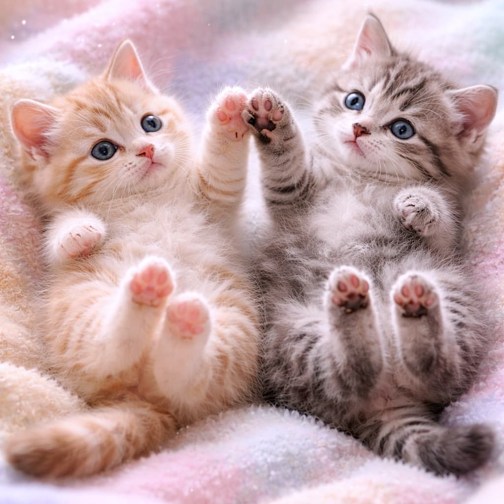 Two kittens lying on their backs on a soft pastel blanket, gently touching their paws in mid-air, dreamy and cute, photorealistic. やわらかなパステルカラーのブランケットの上で仰向けになり、空中で前足をそっと触れ合わせる2匹の子猫の夢のように可愛い写真