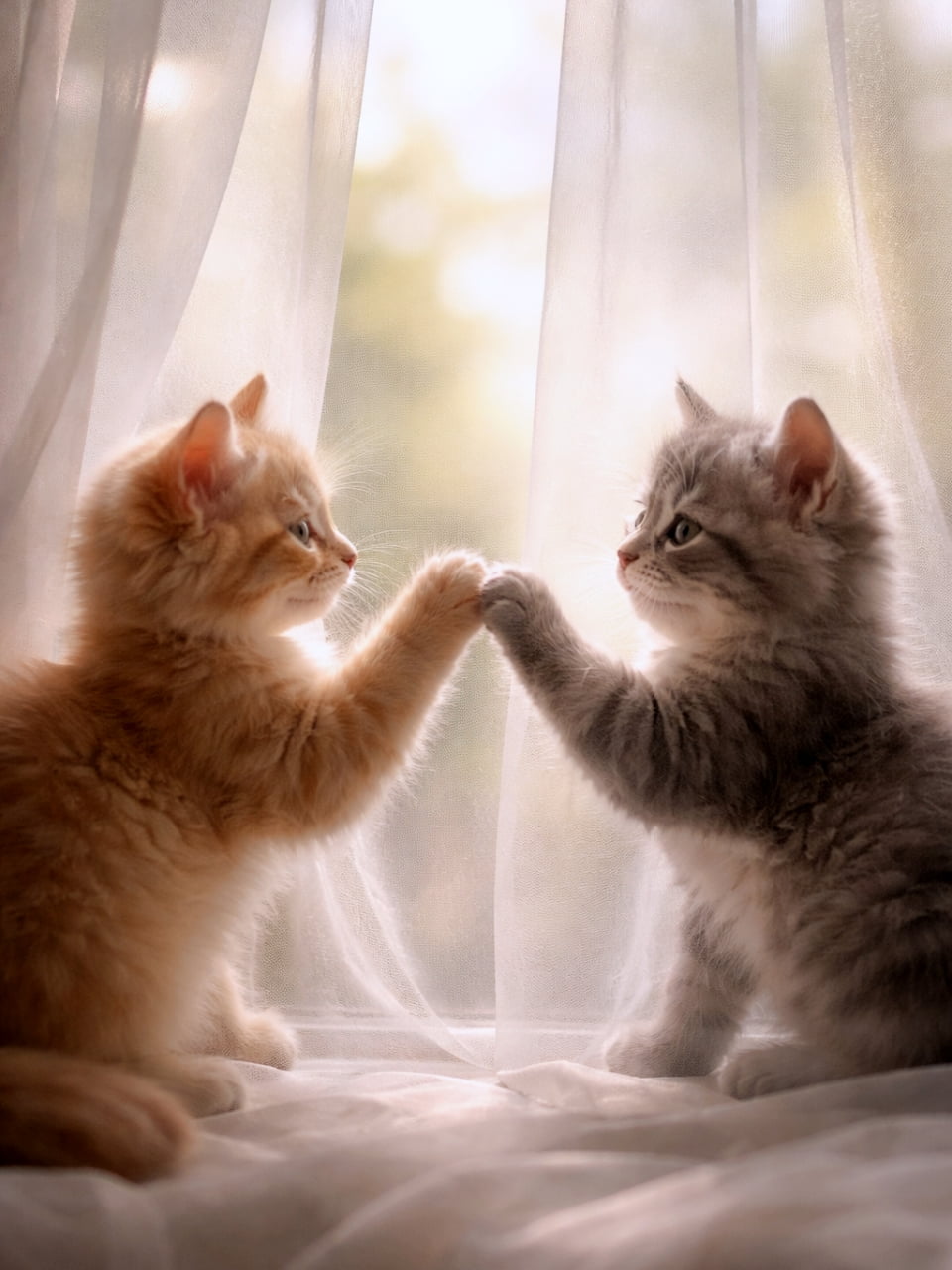 「カーテン越しにそっとハイタッチ🤝✨光に包まれた子猫ちゃんたちの優しい世界に心から癒やされます🕊️💕」Ultra-realistic high-quality photograph of two adorable kittens, an orange tabby and a silver tabby, gently touching paws through a sheer white curtain by a soft sunlit window. 柔らかな光が差し込む窓辺で、透け感のある白いレースカーテンを挟んで向かい合い、前足を合わせてハイタッチしている茶トラとサバトラの子猫の超高画質写真