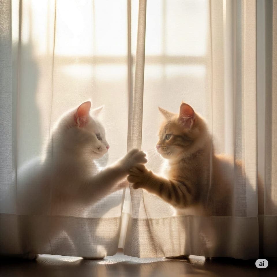 A white kitten and an orange tabby playfully touch paws through a sheer curtain, bathed in warm sunlight. The soft glow and gentle interaction evoke a quiet, affectionate moment. 白猫と茶トラの子猫がレースカーテン越しに前足を合わせてじゃれ合っている。暖かな日差しに包まれた静かで愛らしいひととき