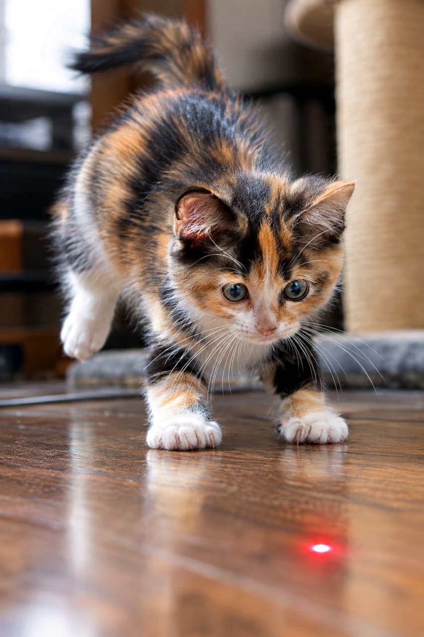 「「にゃっ！あの赤い点は絶対に逃さないにゃ！」ハンターモード全開な子猫ちゃんが可愛すぎていいね爆推し❤️ #猫 #子猫 #三毛猫 #ハンター #癒し🥰」An ultra-realistic high-quality 8k photograph of a Calico kitten in a photorealistic action shot. The kitten is in a "hovering sit" pose on a rich wooden floor, staring intently at a small red laser pointer dot reflected on the floor. Its front paws are firmly planted while its hindquarters are raised, ready to pounce. Soft indoor daylight illuminates the detailed texture of its fur, with a softly blurred cat tower in the background. 窓からの自然光が差し込む明るい室内の木目調フローリングの上で、三毛猫（キャリコ）の子猫が床に照射された赤いレーザーポインターの点を真剣な表情で見つめている。前脚をしっかり床につけつつ、お尻を少し浮かせて飛びかかる直前のポーズをとっており、見開かれた大きな瞳と興奮に満ちた全身の毛並みの質感が詳細に描かれている。背景にはキャットタワーの支柱が柔らかくぼやけて写っている