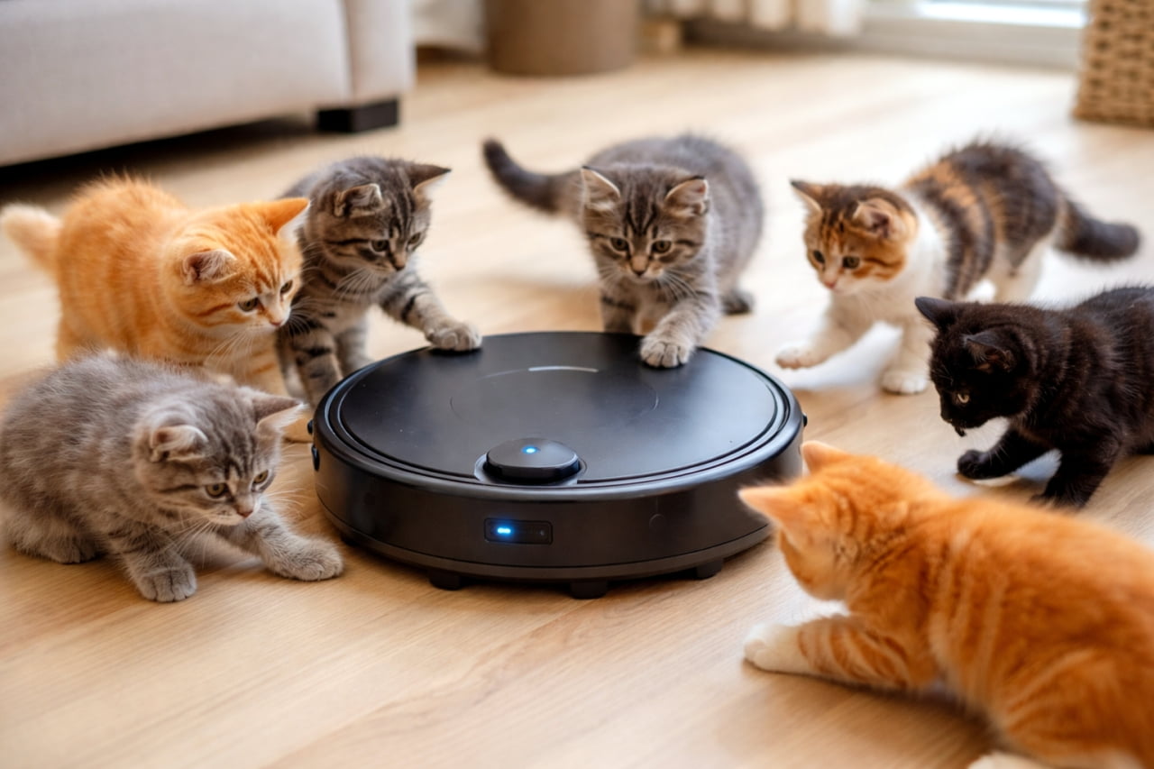 「未知の生き物(?)に興味津々!👀✨ ロボット掃除機vs子猫たちの可愛い攻防戦🧹🐈」Ultra-realistic high-quality photograph of five adorable kittens of various coat colors curiously surrounding a black robot vacuum cleaner on a wooden floor. Some are reaching out with their paws while others watch intently. フローリングの床を動く黒いロボット掃除機を、興味津々な様子で取り囲む5匹の様々な毛色の子猫たち。おそるおそる前足を伸ばしたり、じっと見つめたりする様子が可愛らしい一枚です