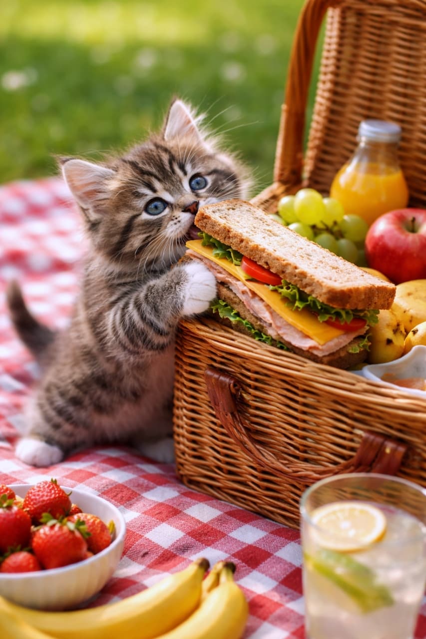 「あーっ!それ私のサンドイッチ!🥪💦 食いしん坊な子猫のピクニック風景に胸キュン🧺💕」Ultra-realistic high-quality photograph of a cute tabby kitten taking a big bite out of a sandwich on a picnic basket. The scene includes a red gingham blanket, strawberries, grapes, and drinks under bright, sunny outdoor lighting. ピクニックシートの上で、バスケットに置かれた具だくさんのサンドイッチに大きな口を開けてかぶりつくキジトラ子猫。周囲にはいちご、ぶどう、りんごなどのフルーツやドリンクが置かれ、明るい日差しが降り注いでいます