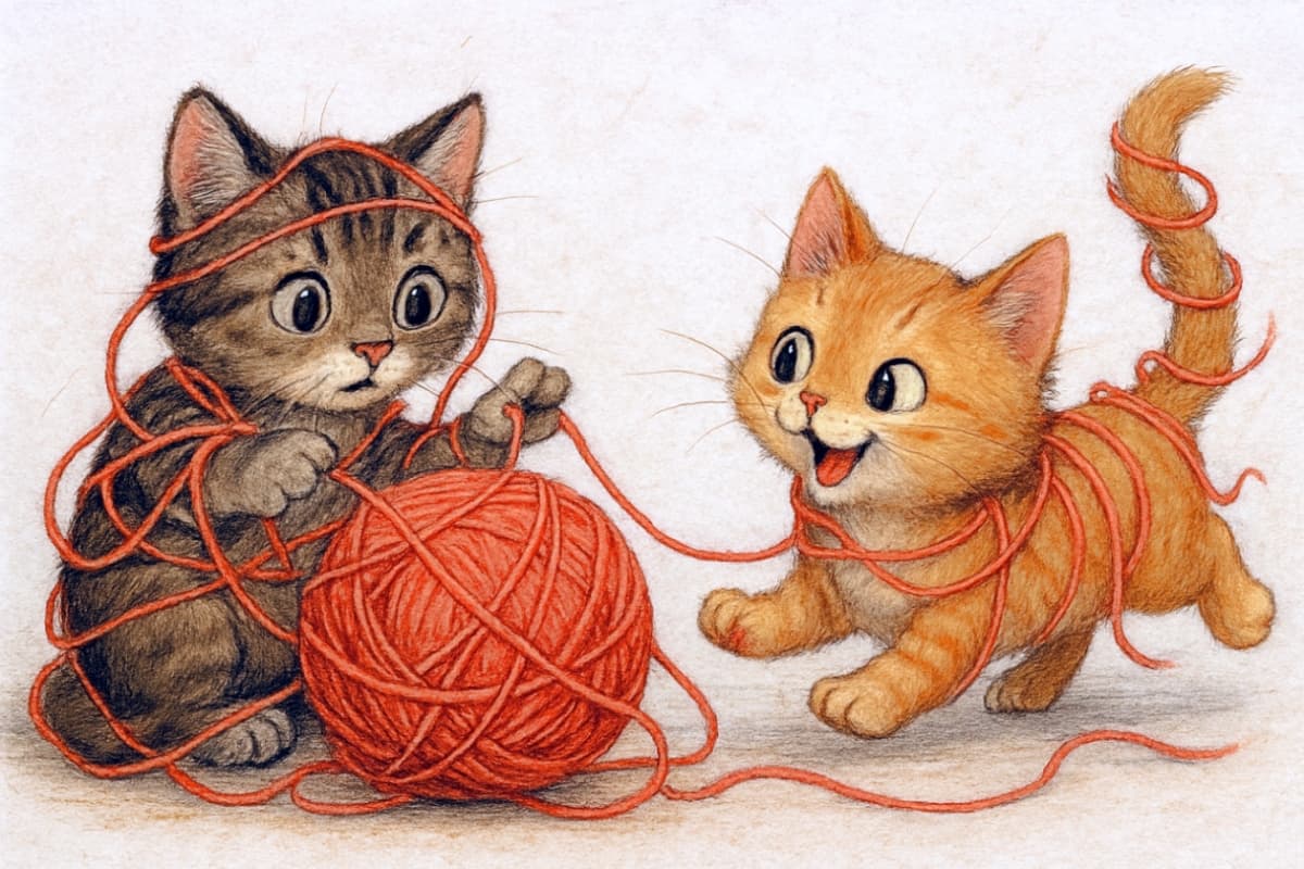 「毛糸でぐるぐる巻き🧶✨ 困り顔のキジトラちゃんとゴキゲンな茶トラちゃんコンビが可愛すぎる🐈💕 #子猫 #イラスト #癒やし」A charming, vintage-style illustration of two cute kittens playing and getting tangled in a large ball of red yarn. The grey tabby kitten on the left sits looking slightly confused by the yarn, while the orange tabby on the right looks happy and excited. Drawn with a colored pencil or pastel texture on a warm, beige, paper-like background. レトロで温かみのあるタッチで描かれた、赤い毛糸玉で遊ぶ2匹の子猫のイラスト。左側のキジトラの子猫は毛糸に絡まって少し困ったような表情で座っており、右側の茶トラの子猫は嬉しそうに駆け寄りながら尻尾にも毛糸を巻きつけている。背景は古い紙のような質感のあるベージュ色で、色鉛筆やパステルのような優しい風合いがある