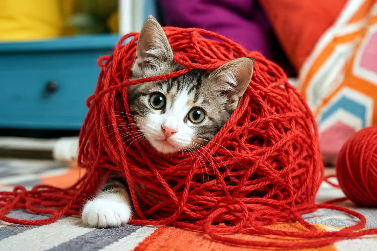 「「あ、見つかっちゃった…?😼」 派手にやらかしたけど、このお顔を見たら絶対怒れないですよね🧶❤️ #猫とインテリア #毛糸 #おしゃれ猫」Ultra-realistic high-quality photograph of a cute tabby and white kitten looking directly at the camera, adorably tangled in a large ball of bright red yarn, set against a colorful room background. 鮮やかな赤い毛糸玉にすっぽりと顔を包まれ、少し困ったような、でもイタズラっぽい大きな丸い瞳で見つめるキジ白(ブラウンタビー&ホワイト)の子猫。カラフルなラグや背景のクッションと相まって、ポップで遊び心のあるストーリー性を感じさせる一枚です