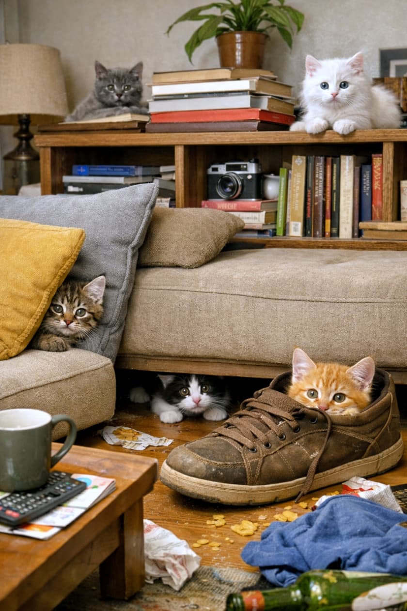 Five kittens hiding in different spots of a messy living room, peeking from behind sofa cushions, under the couch, inside a worn shoe, and on top of a bookshelf, photographed in high resolution with realistic details. 散らかったリビングルームの中で、クッションの後ろ、ソファの下、履き古した靴の中、本棚の上などに隠れている5匹の子猫たちを写した高解像度のリアルな写真