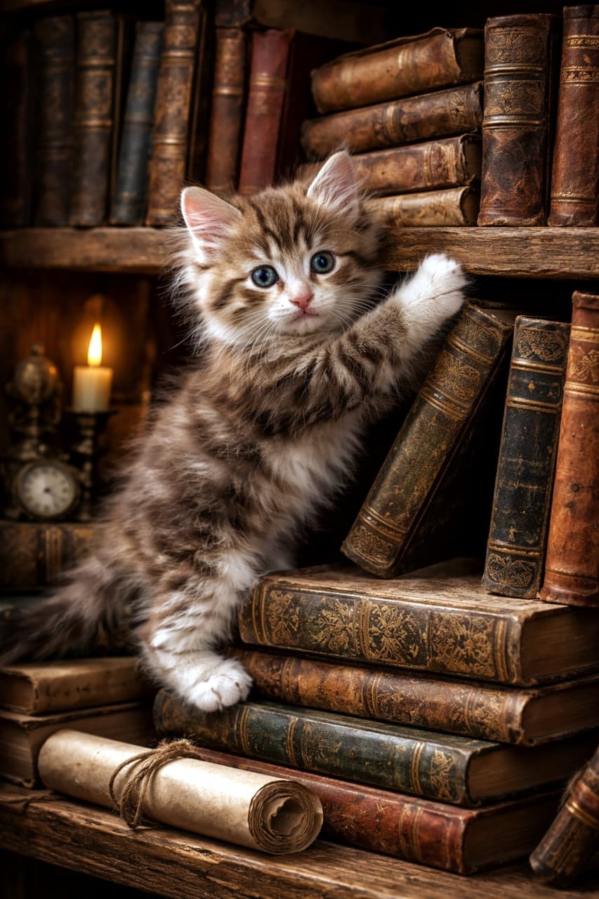 「古い図書館に迷い込んじゃった!?🐾 アンティークな雰囲気がたまらない子猫ちゃん🕯️📖」Ultra-realistic high-quality photograph of a fluffy tabby kitten standing up with its paws on an antique bookshelf. The background features old books, a lit candle, and a vintage clock, creating a magical atmosphere with warm lighting. 古い本棚に前足をかけ、立ち上がってこちらを見つめる長毛のキジトラ子猫。背景にはアンティークな洋書、キャンドルの火、古い時計が配置され、暖かみのある照明が幻想的な雰囲気を演出しています