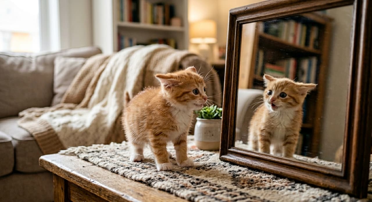 「「え、ダ、レ…?!」鏡に映る自分に本気で驚く茶トラちゃん🥺アンティークな鏡もステキ✨ #猫 #癒やし」Ultra-realistic high-quality photograph of a ginger tabby kitten standing before an antique wooden-framed mirror. It has flattened ears and a look of shock, reaction to its reflection. The soft-focus background shows a bright cozy living room with a sofa, blanket, bookshelf, and window. アンティーク調の木製フレームの鏡の前に立つ茶トラの子猫。鏡の中の自分を見て、耳を伏せ、少し怯えたようなショックを受けた表情を浮かべている。背景にはソファ、毛布、本棚、窓があり、明るいリビングルームの様子が伝わる