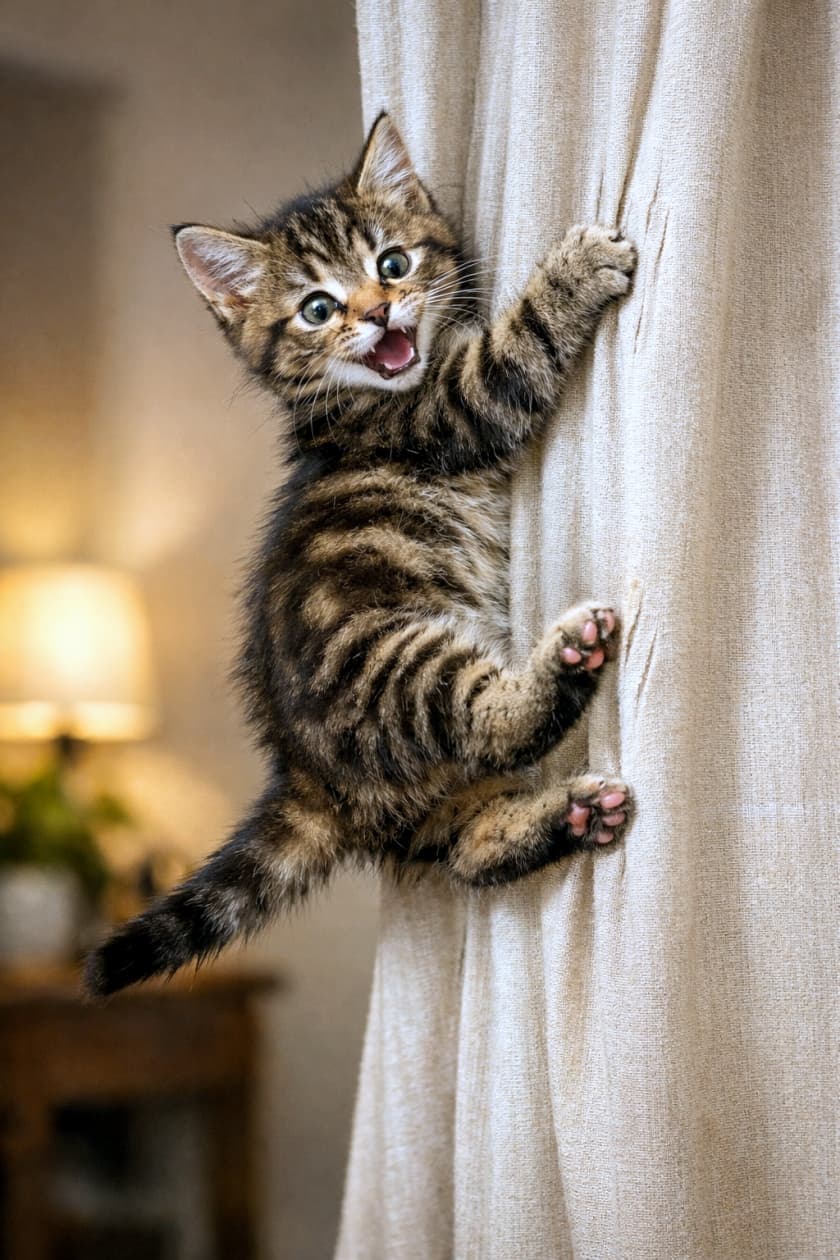 「落ちる!?登る!?カーテンに人生を預けた子猫の、全力ドラマチック瞬間📸」A photorealistic kitten clinging to a curtain indoors, back paws off the ground, striking a dramatic pose as if sliding down, warm indoor lighting. 室内でカーテンにしがみつき、後ろ足が宙に浮いたまま滑り落ちそうなポーズをとる子猫。ドラマチックな表情のフォトリアルな描写