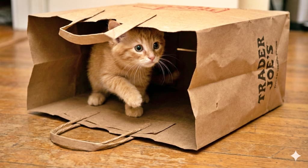 An orange kitten peeks out from a Trader Joe's paper bag lying on a wooden floor. One paw is extended forward, as if stepping out. The moment captures playful curiosity. Trader Joe'sの紙袋から顔を出すオレンジの子猫。前足を伸ばして袋から出ようとしている様子。木製の床の上に袋が置かれている