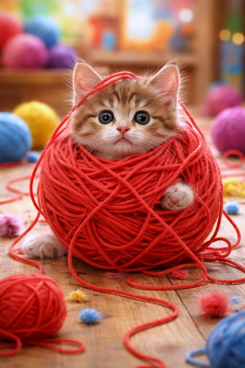 「赤い毛糸玉にすっぽり収まっちゃった!🧶🐱お顔とおててだけ出してるの、かくれんぼしてるみたいで可愛すぎる〜❤️」A cute tabby kitten peeking out from the center of a giant ball of bright red yarn on a wooden floor, with only its face and one tiny paw visible, surrounded by other colorful yarn balls. 木の床の上に置かれた巨大な赤い毛糸玉の真ん中から、顔と小さな片手だけをちょこんと出してカメラを見つめる可愛いキジトラの子猫。周りには色とりどりの毛糸玉が転がっている
