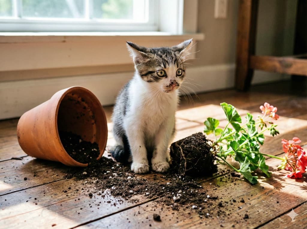 A small kitten sits beside a knocked-over flower pot and spilled soil on a wooden floor. The plant appears to be a pink-flowered geranium. The kitten looks surprised, with wide eyes and perked ears. Natural light from a nearby window and a wooden table in the background complete this charming moment of feline mischief. 木製の床の上で、倒れた植木鉢と散らばった土のそばに座る子猫。ピンクの花をつけたゼラニウムの鉢が倒れ、子猫は驚いたような表情で目を見開き、耳を立てている。背景には木製のテーブルと窓から差し込む自然光があり、いたずらの直後を捉えたような、微笑ましい瞬間