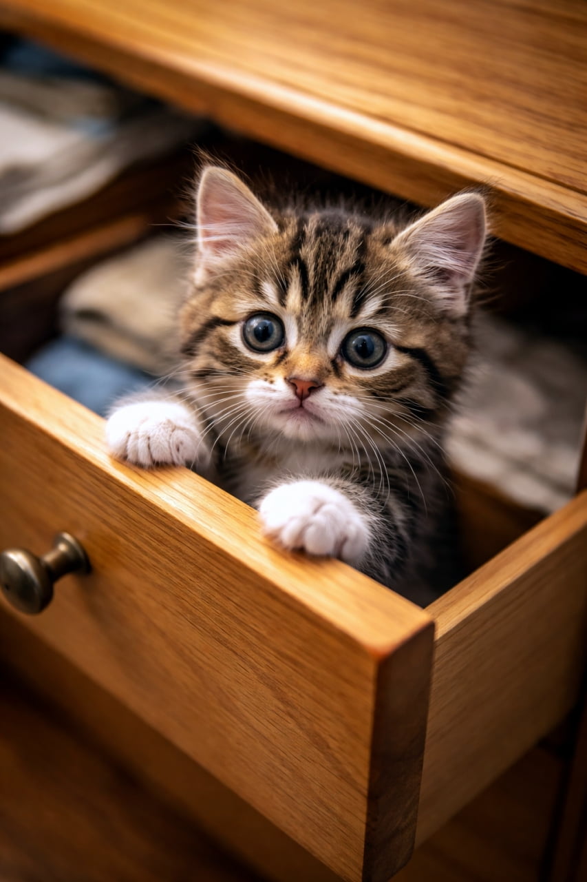 「引き出しの中からひょっこりニャン!👀🐾「なになに?何してるの?」って興味津々なお顔で見つめられたら、思わず撫でちゃうね🥰」A cute brown tabby kitten with large round eyes peeking out from inside a slightly opened wooden dresser drawer, resting its small white paws lightly on the edge of the wood. 少しだけ開いた木製の引き出しの中から顔を出し、縁にちょこんと白い前足を乗せて、まん丸の大きな瞳で興味津々にこちらを見つめる可愛らしいキジトラの子猫