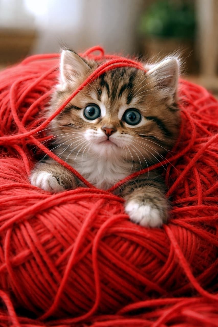 「赤い毛糸の海でかくれんぼ🧶❤️ふわふわの毛糸に埋もれてリラックスモード!おめめクリクリでこっちを見る姿が天使すぎるよ👼🐾」A close-up portrait of an adorable tabby kitten resting comfortably in the middle of a massive, tangled pile of thick bright red yarn, with only its face and small white paws visible. 極太で色鮮やかな赤い毛糸の巨大な山の真ん中にすっぽりと埋もれ、可愛らしいお顔と白い前足だけをのぞかせてリラックスしているキジトラの子猫のクローズアップ