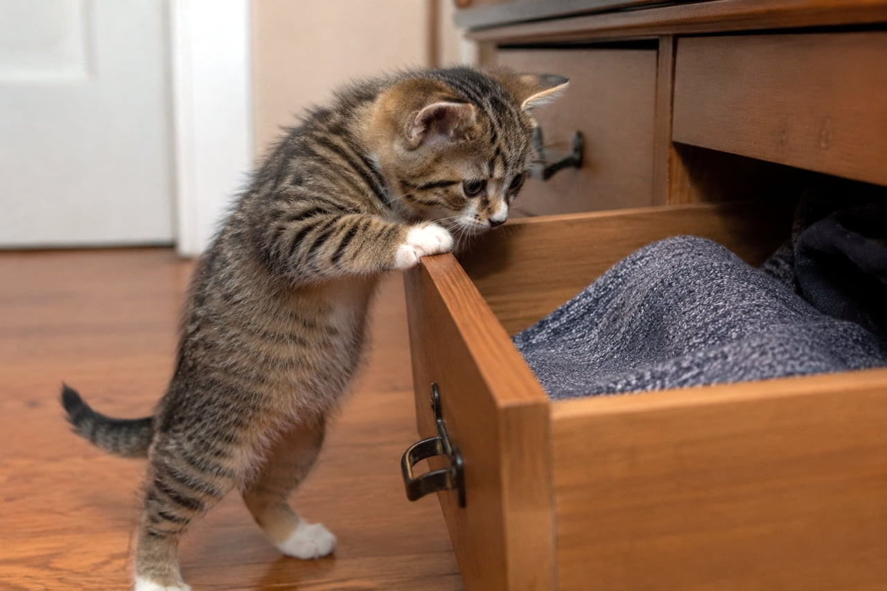 「一生懸命背伸びしてお手伝い(?)の最中!短い足がたまりません🥺✨ #子猫 #猫のいる生活 #お手伝い」Ultra-realistic high-quality photograph of a tabby kitten standing on its hind legs to look inside an open wooden drawer. フローリングの部屋で、後ろ足で立ち上がり木製の引き出しの中の衣類を覗き込むキジトラ子猫の全身を捉えた高画質な写真