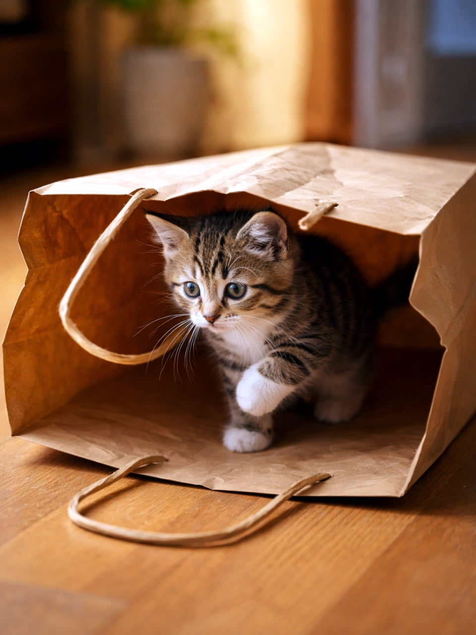 「紙袋の中からひょっこり登場!🛍️🐾「ここはどこニャ?」って探検に出発するみたいで、ワクワクが止まらないね🌟」A curious tabby and white kitten stepping cautiously out of a brown paper shopping bag lying sideways on a wooden floor, with one paw raised as if exploring its surroundings. 木の床に横倒しになった茶色い紙袋の中から、片足を上げて恐る恐る外へ踏み出そうとしている、好奇心旺盛なキジ白の子猫