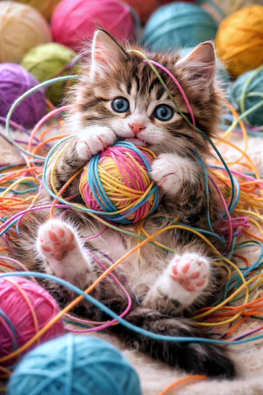 「カラフルな毛糸にぐるぐる巻き🧶✨おててとあんよをパーにして毛糸玉に夢中な姿がたまらないっ!肉球もチラ見え🐾💕」A fluffy brown tabby kitten lying on its back, playfully biting a ball of multi-colored yarn while entirely tangled in various bright strands of pink, blue, and yellow yarn on a soft rug. ふわふわのラグの上で仰向けになり、ピンクや青、黄色など色鮮やかな毛糸に全身を絡ませながら、カラフルな毛糸玉を無邪気に噛んでいるキジトラの子猫