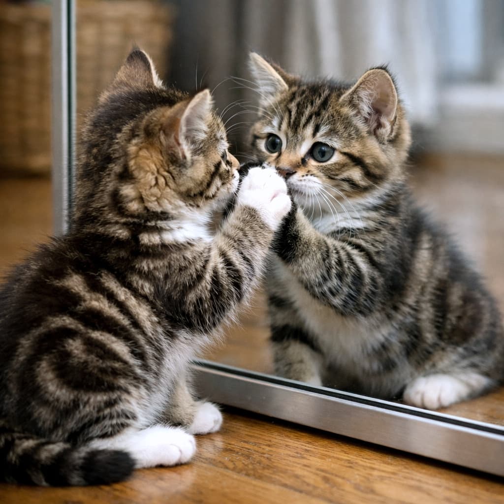 「鏡の中のキジトラちゃんにタッチ🐾 鏡の不思議な世界に夢中な姿が愛らしすぎる🐈✨ #猫 #子猫 #鏡 #癒やし」An ultra-realistic high-quality photograph of a cute brown tabby kitten sitting on a wooden floor in front of a full-length mirror. The kitten is extending its white paw to touch its own reflection on the mirror's surface. In the mirror, the same kitten is seen, and the two paws meet at the glass. The background is softly blurred, showing a cozy indoor room. Natural light. 居心地の良い室内で、キジトラ模様の愛らしい子猫が木製のフローリングの上に座り、全身鏡の前にいる。子猫は白い前足を伸ばして、鏡に映った自分自身の反射に触れている。鏡の中には、同じ子猫が鏡を見返しており、前足が鏡の表面で合わさっている。背景は柔らかくボケており、居心地の良い部屋の様子がうかがえる。自然光で撮影された超リアルな高画質画像