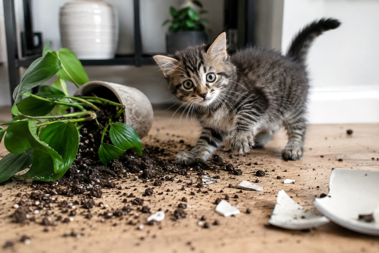 「ガシャーン!やんちゃ盛りの子猫ちゃんが大暴れ🐾 散らかったお部屋でも可愛さは満点です💯」Ultra-realistic high-quality photograph of a tabby kitten walking through spilled soil and a broken white pot on a wooden floor, looking at the camera. 室内のフローリングで、割れた白い鉢植えと散乱した土の上を歩きながらカメラを見つめるキジトラの子猫