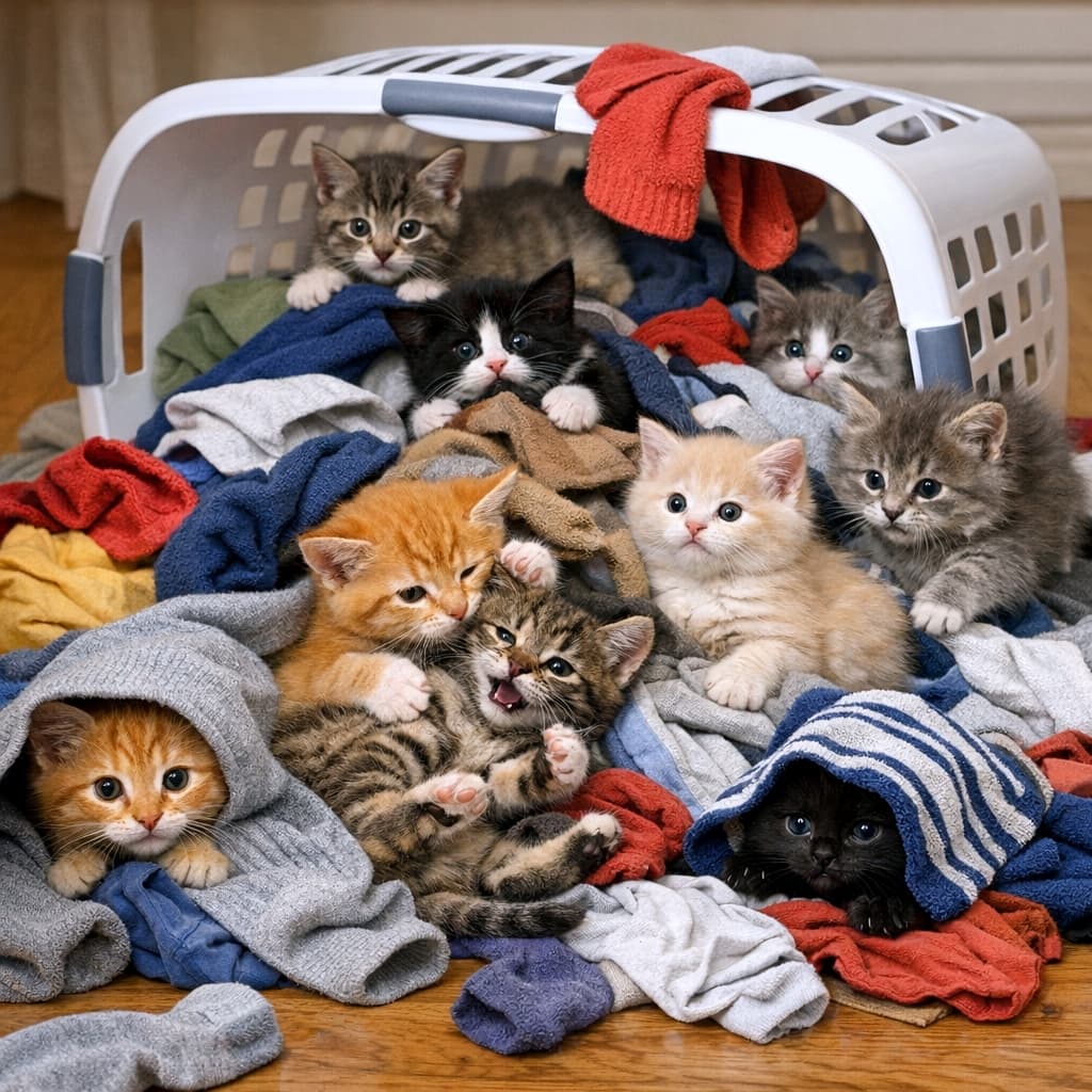 「靴下の山で大暴れ!🐈🧦 10匹の子猫たちのカオスな日常に、癒やしと元気をもらっちゃう💕 #猫 #子猫 #ランドリー #カオス」An ultra-realistic high-quality photograph of around ten various kittens playing chaotically within a large pile of colorful socks and clothes spilling from an overturned white plastic laundry basket. In the foreground, tabby kittens are wrestling belly-up with socks. In the back, black-and-white tuxedo and grey long-haired kittens peek out. On the sides, other kittens are burrowing under socks. Set on a wooden floor with a softly blurred indoor background. 転倒した白いプラスチック製洗濯かごから溢れた、色とりどりの靴下や衣服の山の中で、10匹近くの様々な種類の子猫たちが縦横無尽に遊んでいる高画質な正面写真。手前では茶トラやキジトラの子猫が仰向けで靴下と格闘し、奥では白黒のハチワレやグレーの長毛の子猫が顔を出している。左右には靴下に潜り込んでいる子猫も見える。木製の床と、背景のぼやけた部屋