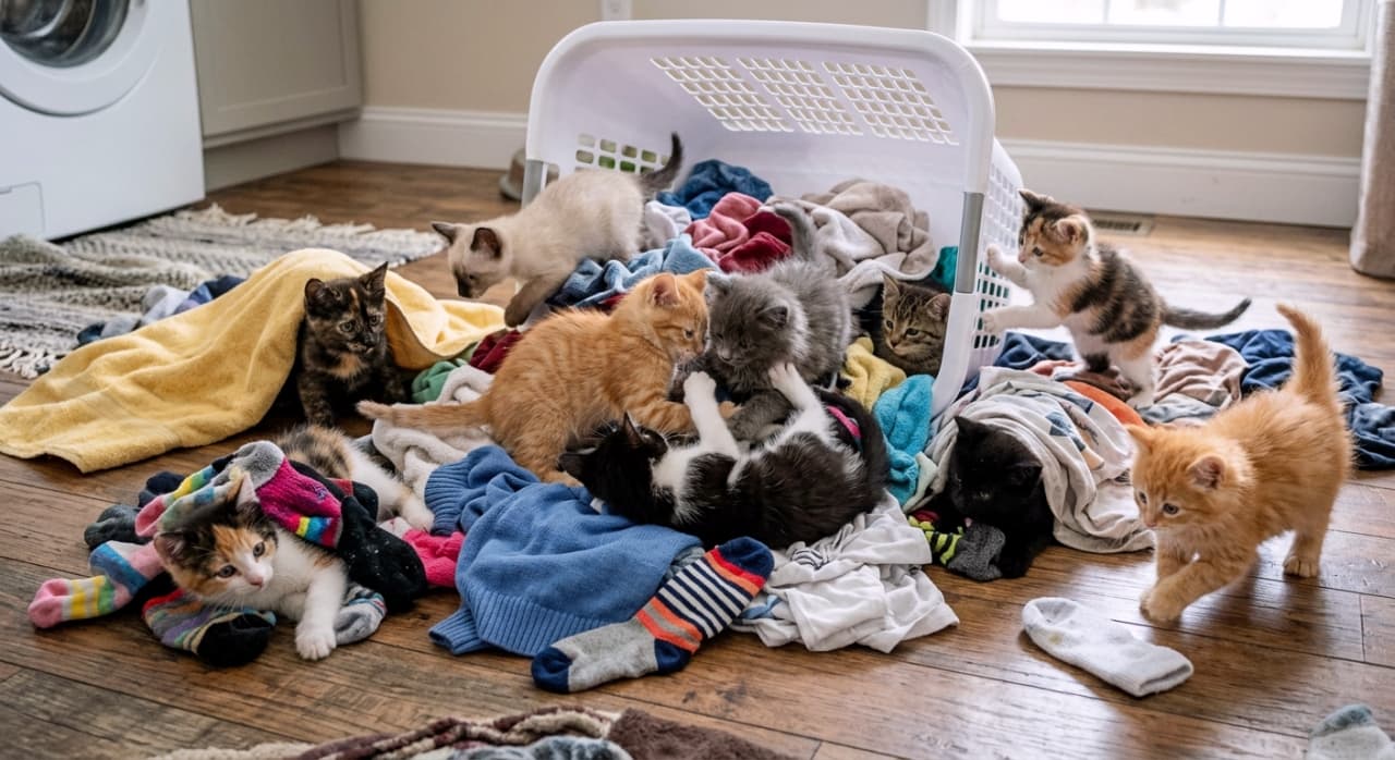 「ランドリールームが遊び場に!🐈🌀 洗濯かごを倒して大冒険する子猫たち、そのカオスさがたまらない💕 #猫 #子猫 #洗濯 #カオス」An ultra-realistic high-quality wide-angle photograph of around ten various kittens playing freely and chaotically around an overturned white plastic laundry basket in a clean laundry room. In the foreground, a calico kitten wrestles belly-up with a sock. Further back, a Siamese-patterned kitten climbs on the basket. Tabby, grey, and brown kittens are chasing and tumbling within the pile of clothes and socks. The background features a washing machine and a window. 転倒した白いプラスチック製洗濯かごの周りで、10匹近くの様々な種類の子猫たちが縦横無尽に遊んでいる高画質な広角写真。手前ではミケ(三毛猫)の子猫が仰向けで靴下と格闘し、奥ではシャム柄の子猫が洗濯かごの上に登っている。茶トラ、キジトラ、グレーの子猫たちが、山積みの衣服や靴下の中で、追いかけっこやプロレスをしている。背景にはドラム式洗濯機と窓があり、清潔なランドリールームの雰囲気