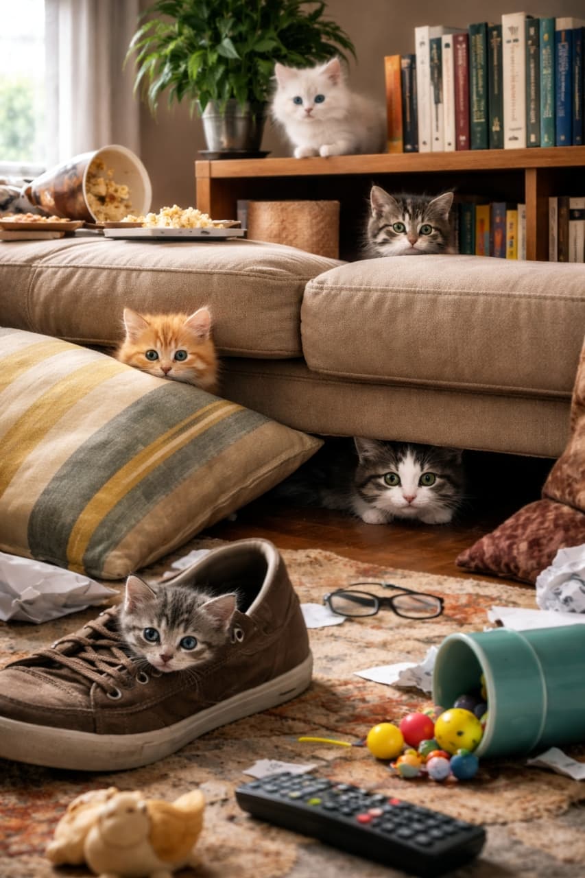 「みーんな見っけ!👀🔍 お部屋中を遊び場にしちゃう子猫たちのかくれんぼ🏠🐾」Ultra-realistic high-quality photograph of multiple adorable kittens playing hide-and-seek in a messy living room. They are peeking out from inside a large shoe, under a sofa, between cushions, and on a shelf. 散らかったリビングルームのあちこちに隠れる子猫たち。大きな靴の中、クッションの隙間、ソファの下、棚の上から、それぞれひょっこりと顔を出しています