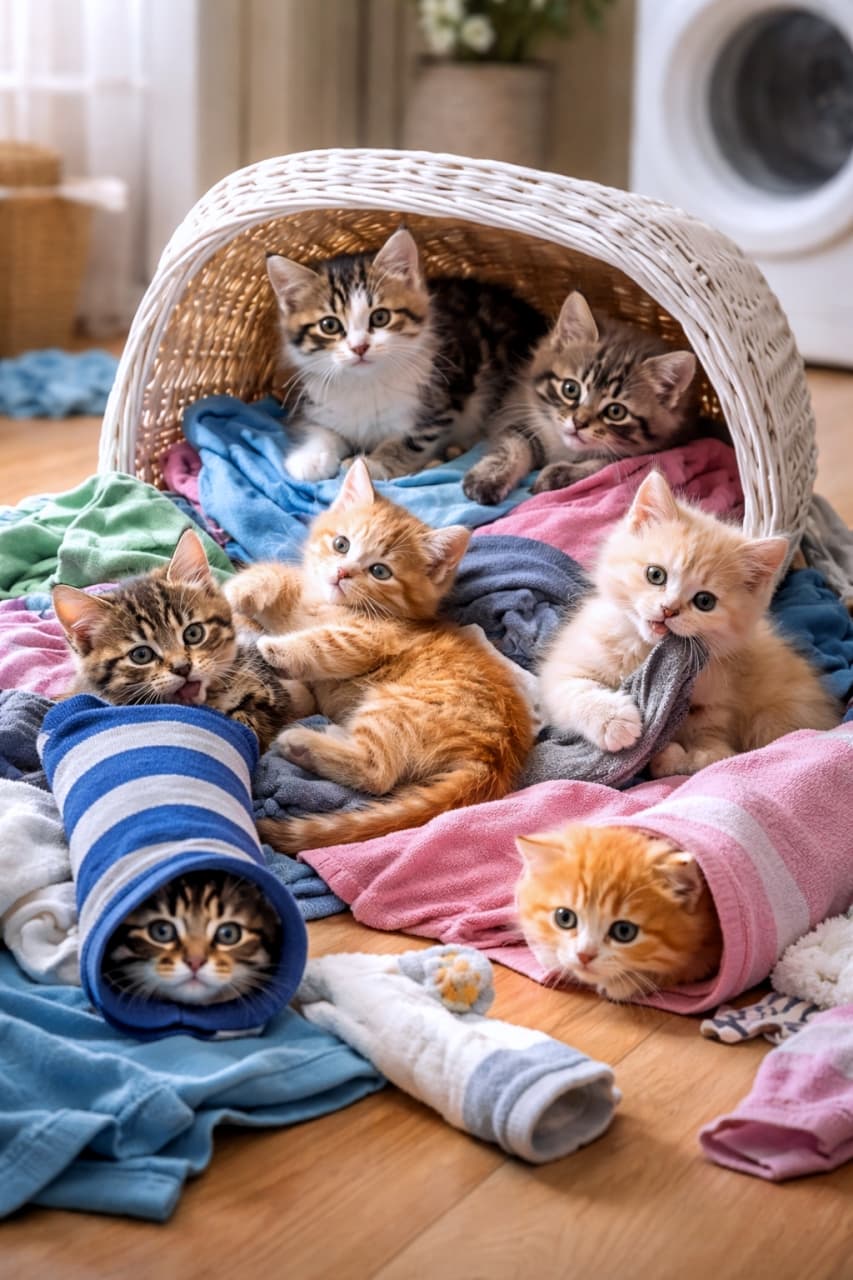 「靴下からひょっこり!🐈🧦 カラフルなお洗濯物の山は、元気いっぱいな子猫たちの大好きな遊び場です💕 #子猫 #猫のいる暮らし #癒やし」An ultra-realistic high-quality photograph of kittens playing around an overturned wicker laundry basket. Some kittens are hiding inside rolled-up colorful socks and sleeves in the foreground, while others are tumbling on scattered bright clothes. Realistic indoor lighting and sharp focus on their highly detailed fur. 倒れた籐製の洗濯かごから溢れ出した、ピンクや水色などのカラフルな洗濯物の中で遊ぶ子猫たちの高画質な写真。手前では丸まった靴下や袖から顔を出す子猫たちがおり、中央では茶トラの子猫がじゃれ合っている。自然な光が明るく楽しい雰囲気を演出している