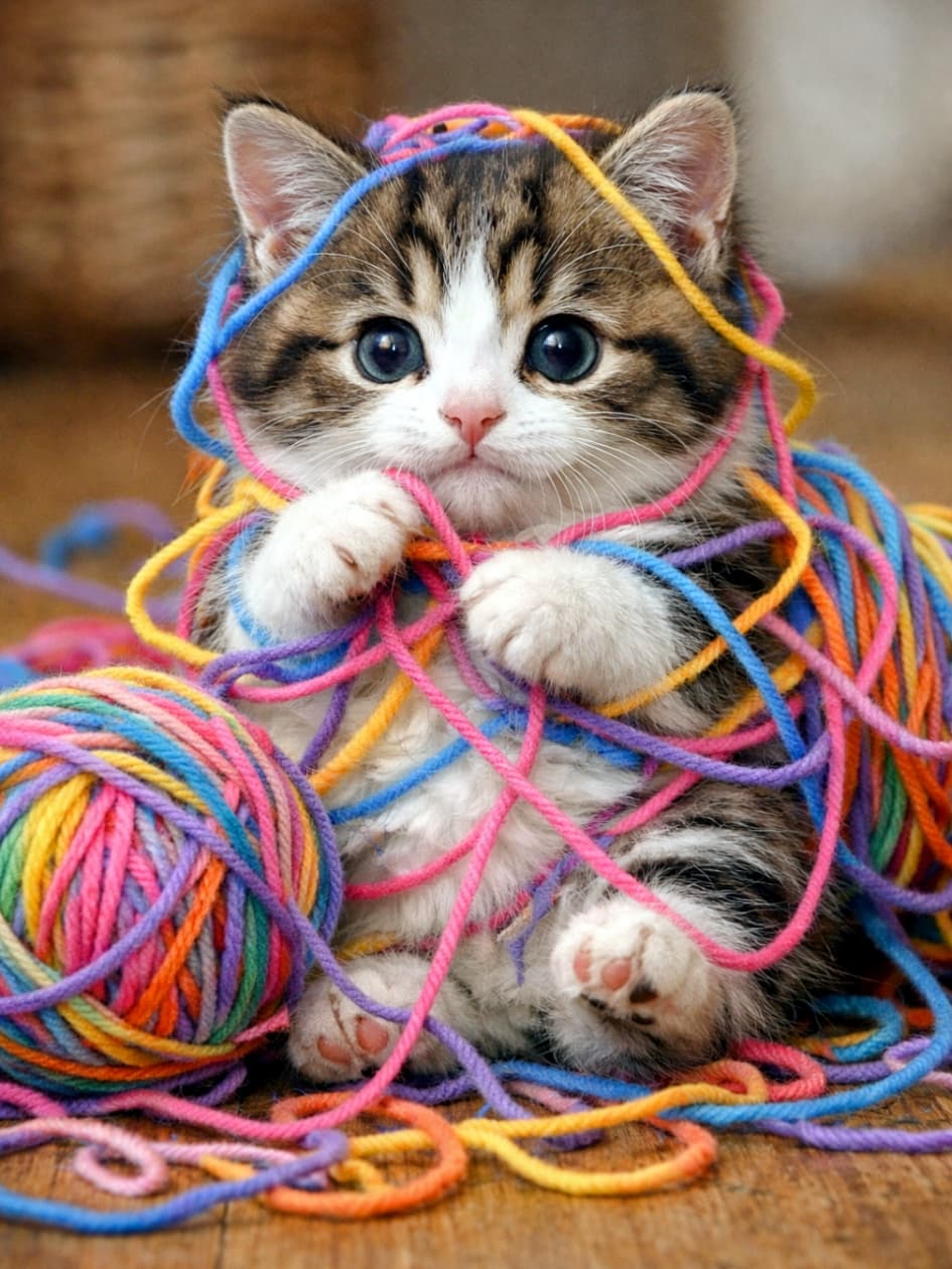 A photorealistic high-resolution image of a Munchkin kitten playfully tangled in colorful yarn, looking directly at the camera with wide, curious eyes. カラフルな毛糸に絡まりながら、好奇心いっぱいの大きな瞳でカメラを見つめるマンチカンの子猫の高解像度フォトリアル画像