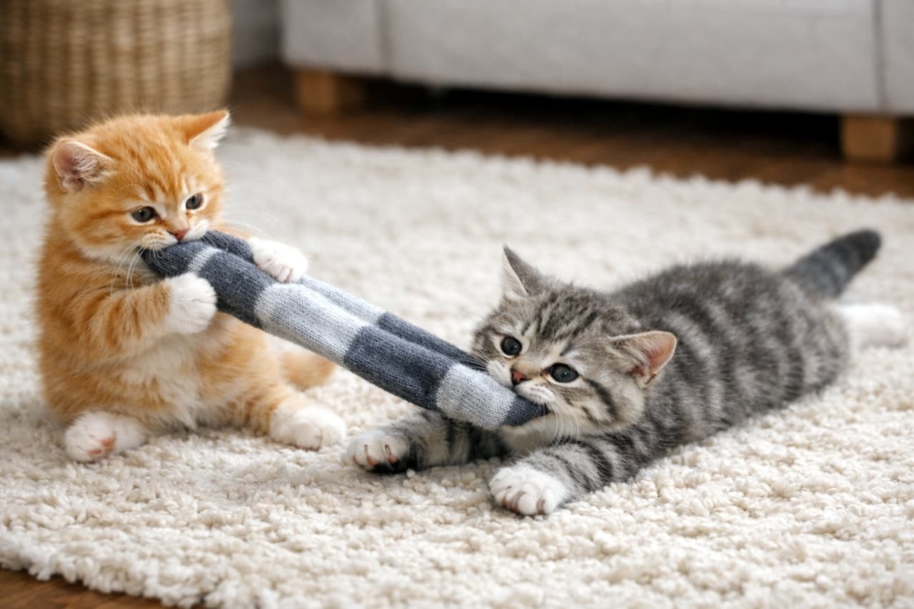 「「絶対にはなさないにゃー!」😼💦 ふわふわラグの上で繰り広げられる、ちっちゃな大乱闘💕」Ultra-realistic high-quality photograph of an adorable orange kitten and a silver tabby kitten playing tug-of-war with a striped sock on a fluffy white rug, with the silver kitten lying flat on its belly. ふかふかの白いラグの上で、丸みを帯びた愛らしい茶トラの子猫と、サバトラの子猫が太いストライプ柄の靴下を引っ張り合っています。サバトラの子猫は床にペターッと伏せながらも決して靴下を離そうとしない、コミカルで微笑ましい瞬間を捉えています