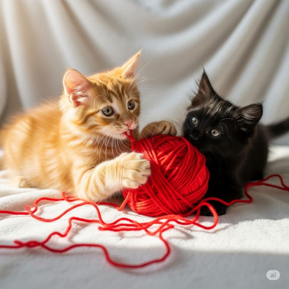 An orange tabby kitten bites a red yarn ball while a black kitten touches it with its paw on a soft white blanket. オレンジのトラ猫が赤い毛糸玉を噛み、黒い子猫が前足で触れている。柔らかな白い毛布の上での遊びの一瞬