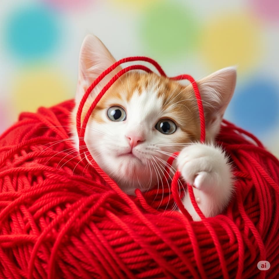 A curious orange and white kitten playfully tangled in a bright red yarn ball, with strands wrapped around its head and paw, set against a pastel polka dot background. 赤い毛糸玉にじゃれるオレンジと白の子猫。頭と前足に毛糸が絡まり、パステルの水玉背景が遊び心を引き立てる