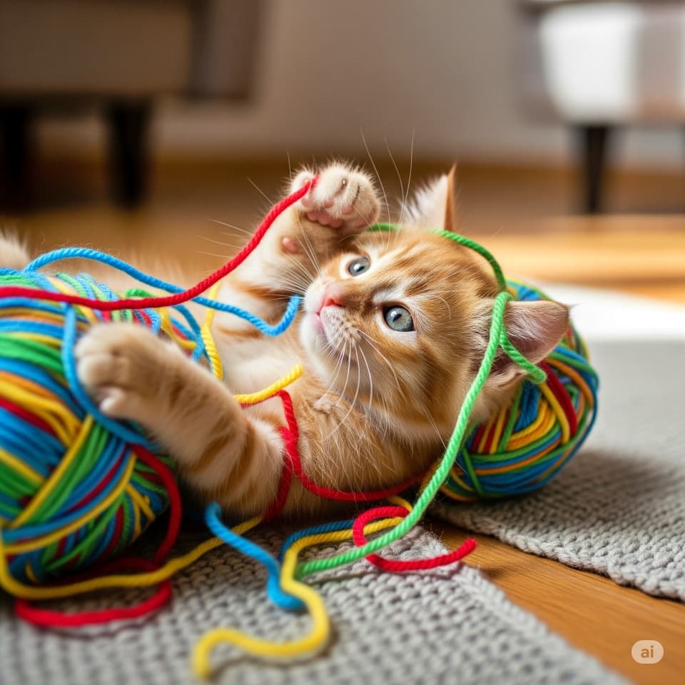 A blue-eyed orange tabby kitten lies on a textured gray rug, playfully tangled in multicolored yarn on a wooden floor; strands of red, yellow, green, and blue wrap around its body, with blurred indoor furniture in the background. 青い瞳のオレンジタビー子猫が、木の床の上のグレーのラグで遊び、赤・黄・緑・青の毛糸に絡まっている。背景には室内の家具がぼかされて写っている