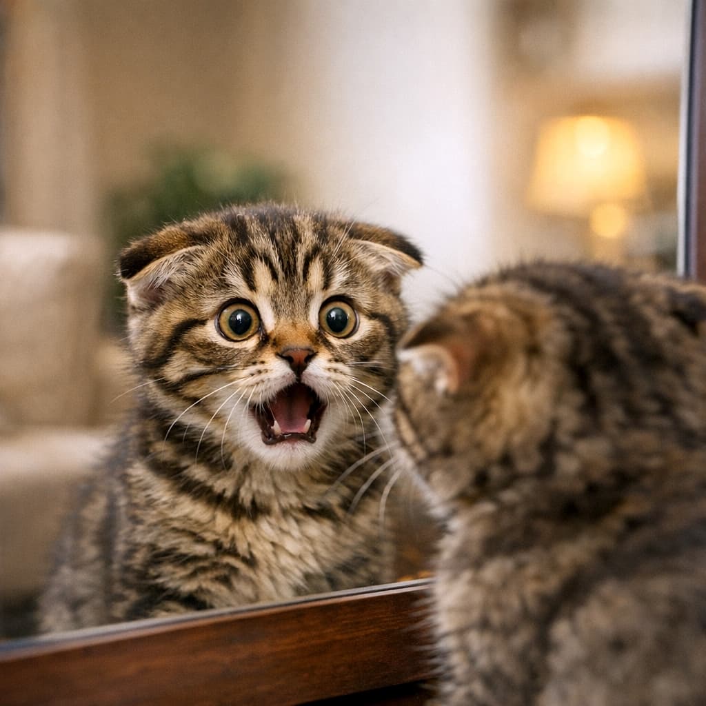 「「えっ、鏡の中にボクがいる…?!🙀」折れ耳キジトラちゃんのガチな驚き顔にキュン💘 #猫のいる暮らし #驚き」Ultra-realistic high-quality photograph focusing on the shocked, open-mouthed face of a Scottish Fold tabby kitten staring into a mirror. The reflection is in sharp focus, with the blurred back of the kitten's head visible in the right foreground. A warm-toned, soft-focus cozy living room background. 鏡を真正面から覗き込み、口を大きく開けて驚いた表情を見せる、折れ耳のキジトラ子猫のクローズアップ。鏡の中の顔にピントが合っており、手前右にはぼけた背中が写っている。暖かみのあるリビングルームの背景