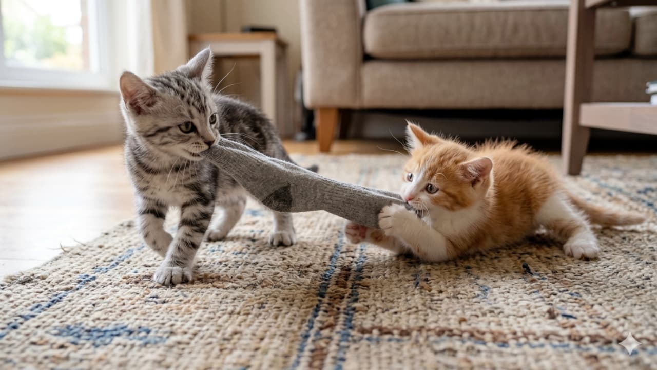 「どっちも譲らないにゃ🐾!シルバーと茶白の仲良しコンビが繰り広げる、白熱の靴下引き合いっこ🔥」Ultra-realistic high-quality photograph of a silver tabby kitten and an orange-and-white kitten playfully playing tug-of-war with a grey sock on a textured rug in a cozy living room. 柔らかな光が差し込むリビングのラグの上で、アメリカンショートヘア風の美しいシルバータビーと、愛らしい茶白の子猫がグレーの靴下を両端から引っ張り合っています。必死な表情で前足を踏ん張る姿から、楽しげな遊びの熱気と2匹の仲の良さが伝わります
