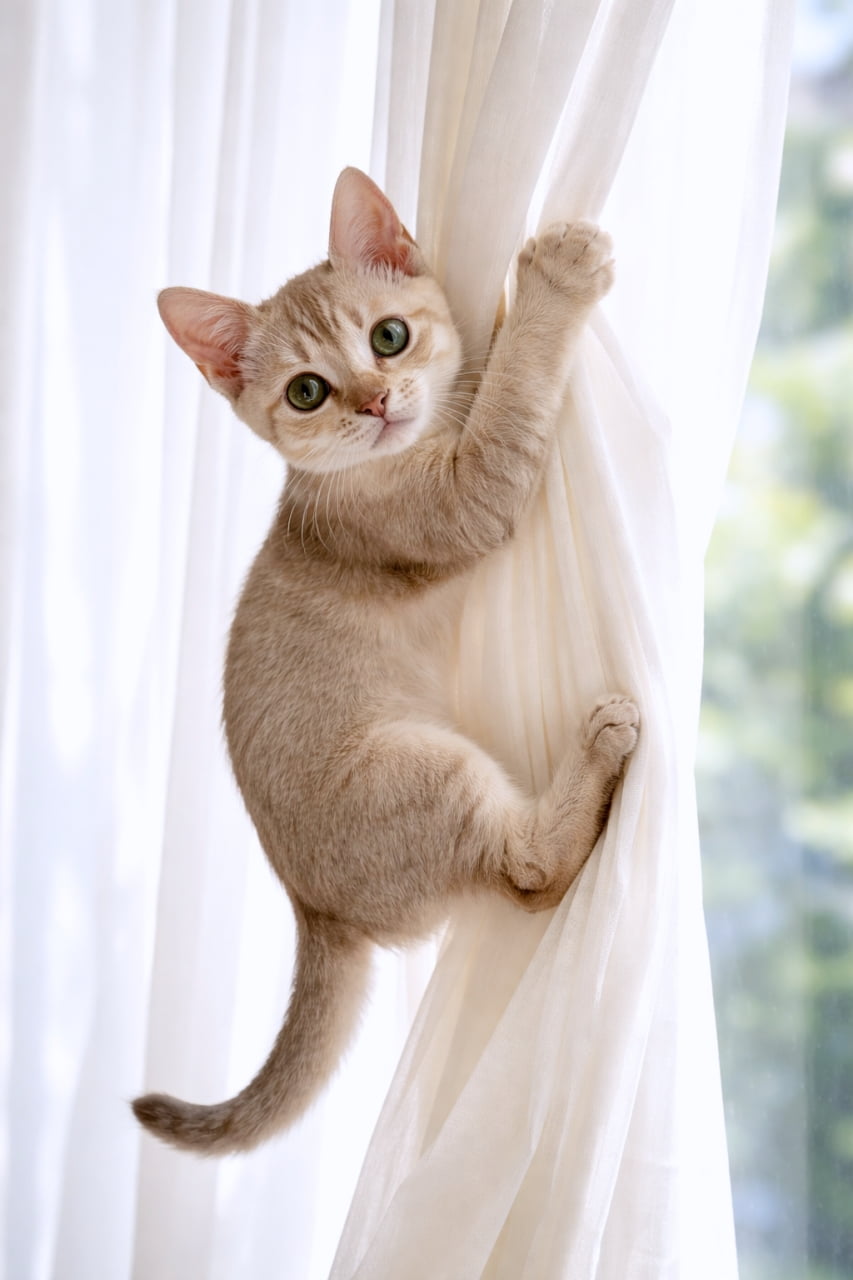 「カーテン登りはお手の物😼✨ 振り向いた時の「えっ、見つかっちゃった?」みたいなお顔が最高にキュート💖 #やんちゃ猫 #カーテン登り」Ultra-realistic high-quality photograph of a light-colored kitten, resembling a Singapura, clinging to and climbing a white lace curtain by a window, looking back at the camera in soft natural light. 窓辺の白いレースのカーテンに爪を立ててしがみつき、こちらを振り返って見つめるシンガプーラのような淡い毛色の子猫。柔らかな自然光が差し込む、高品質でリアルな写真
